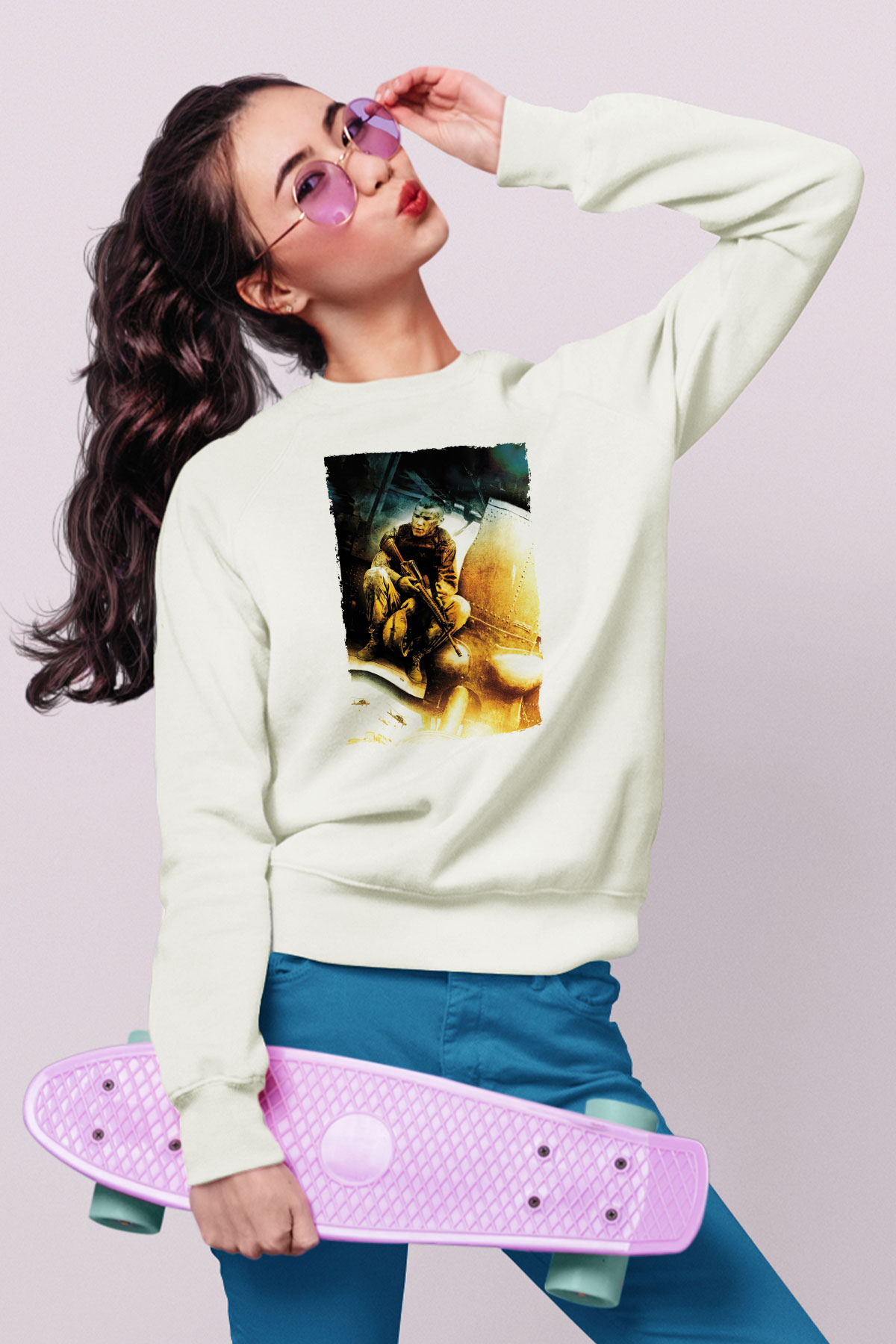 Unisex Kara Şahin Düştü - Black Hawk Down Baskılı Beyaz Sweatshirt