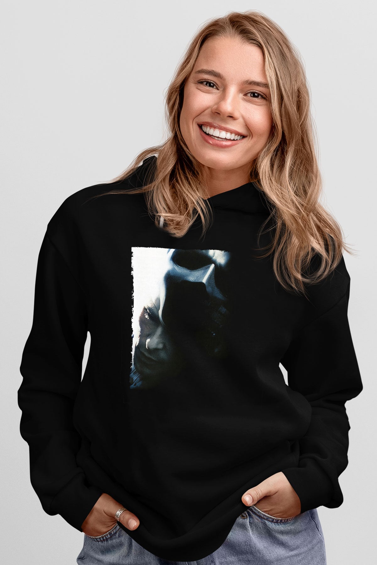 Unisex Kara Şövalye (The Dark Knight) Baskılı Siyah Unisex Kapüşonlu Sweatshirt