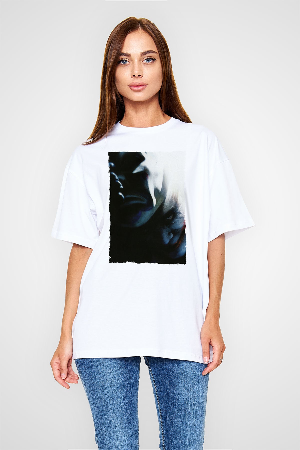 Unisex Kara Şövalye (The Dark Knight) Baskılı Beyaz Oversize T-shirt