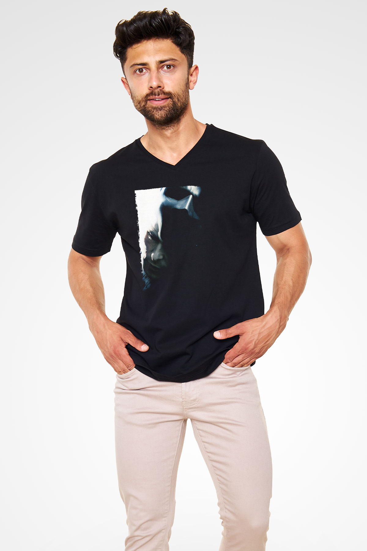 Unisex Kara Şövalye (The Dark Knight) Baskılı Siyah Unisex V Yaka Tişört