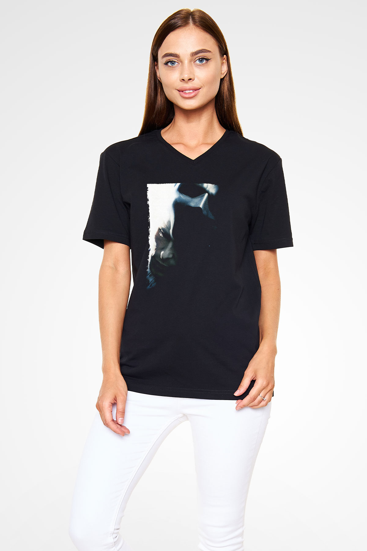 Unisex Kara Şövalye (The Dark Knight) Baskılı Siyah Unisex V Yaka Tişört