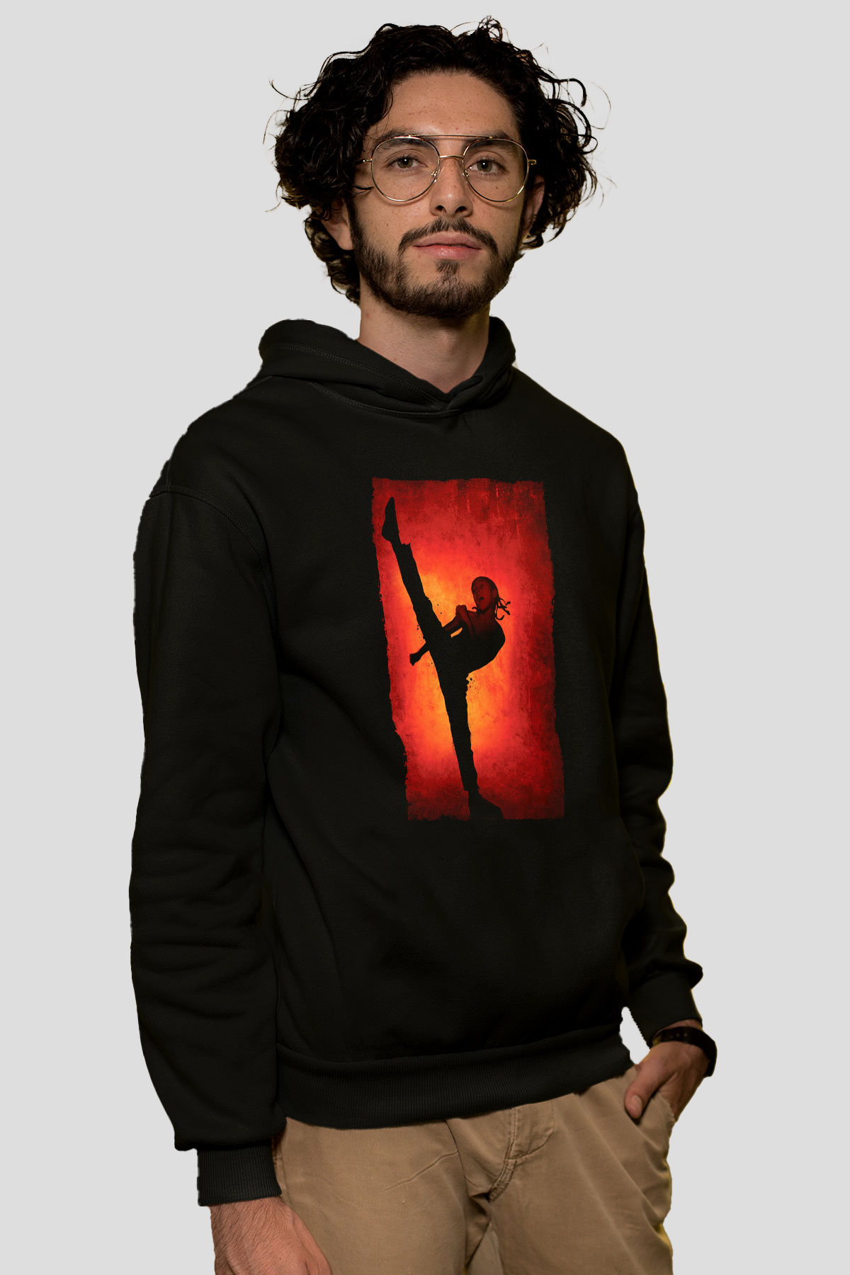 Unisex Karateci Çocuk (The Karate Kid) Baskılı Siyah Kapüşonlu Sweatshirt