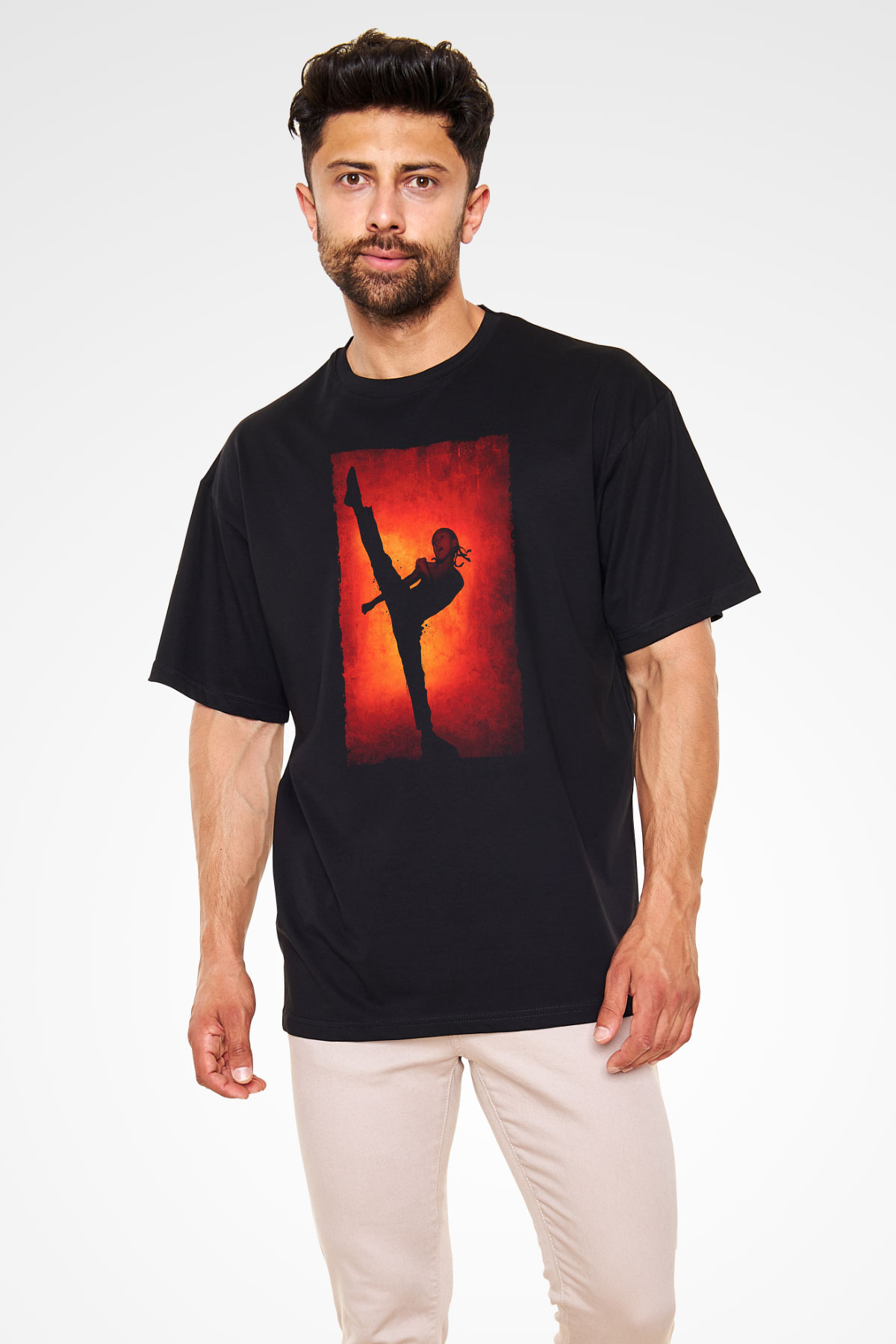 Unisex Karateci Çocuk (The Karate Kid) Baskılı Siyah Oversize T-shirt