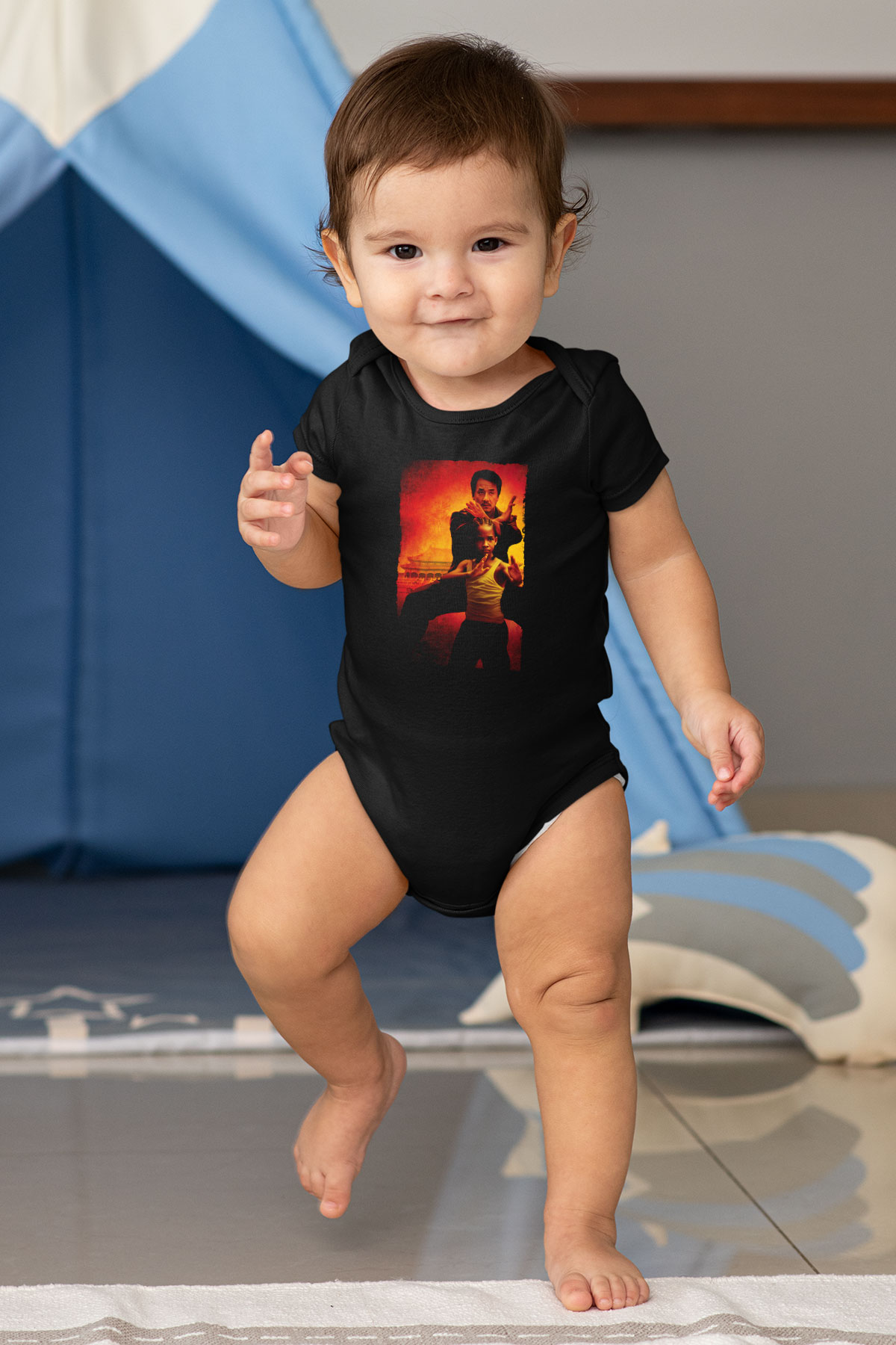 Unisex Karateci Çocuk (The Karate Kid) Baskılı Siyah Bebek Body - Zıbın
