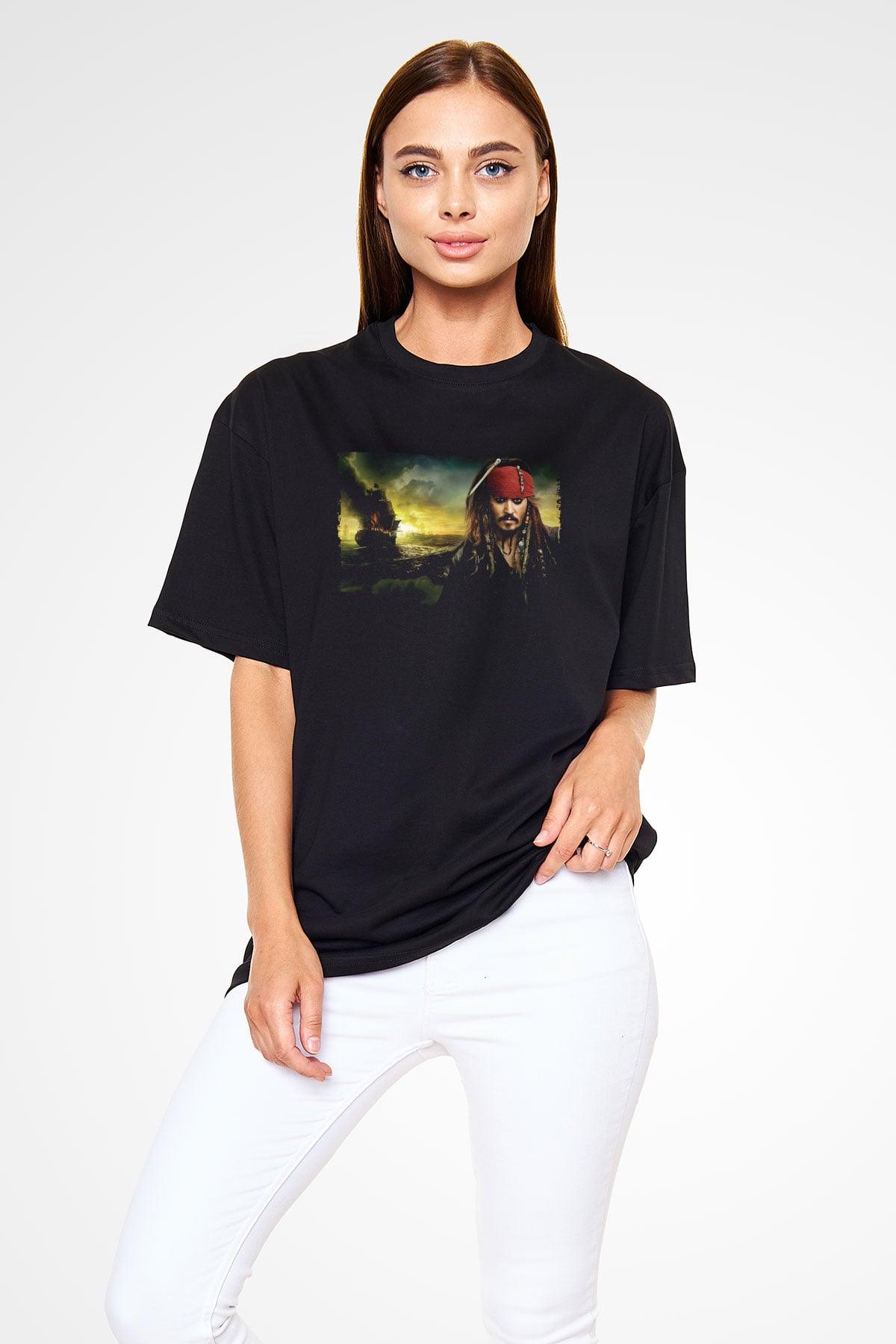 Unisex Karayip Korsanları Gizemli Denizlerde (Pirates of the Caribbean On Stranger Tides) Baskılı Siyah Oversize Tişört