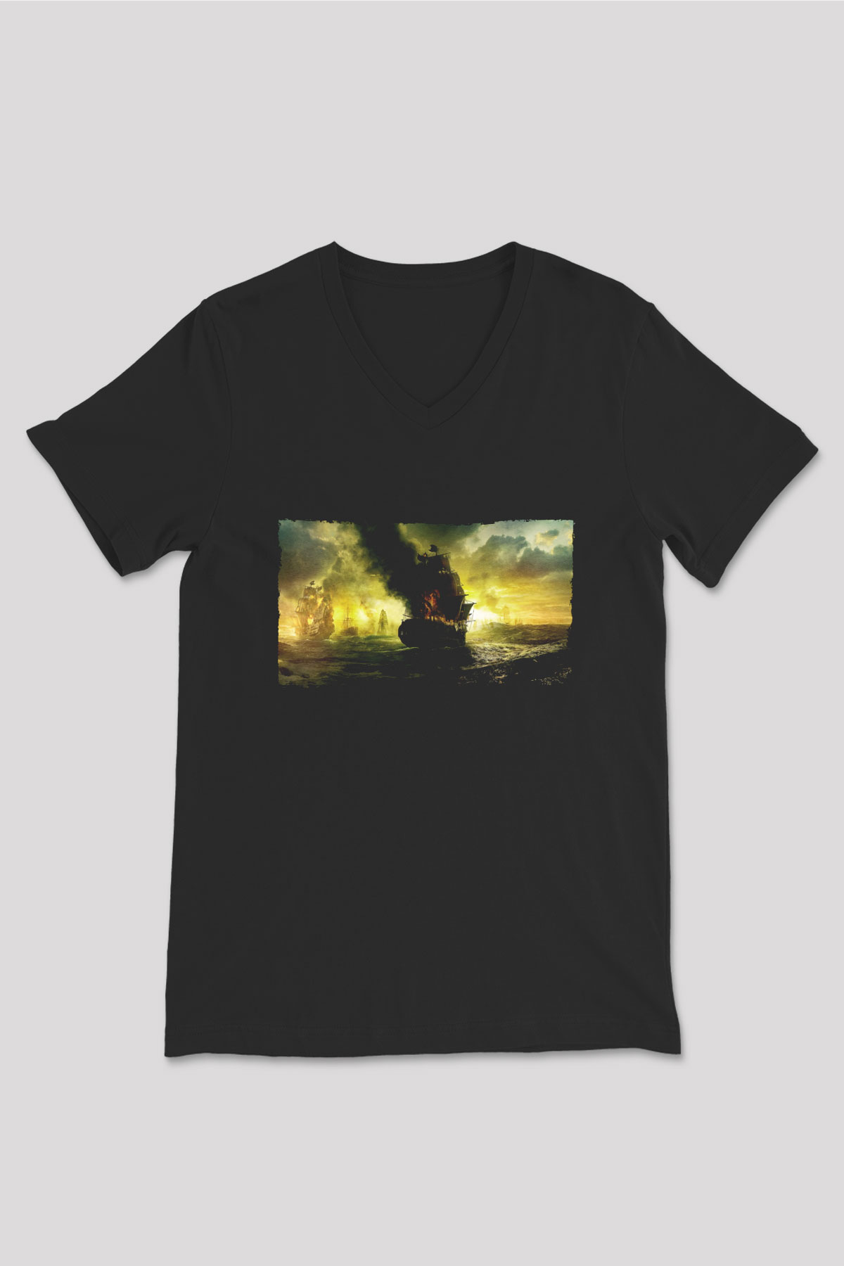 Unisex Karayip Korsanları Gizemli Denizlerde (Pirates of the Caribbean On Stranger Tides) Baskılı Siyah Unisex V Yaka Tişört