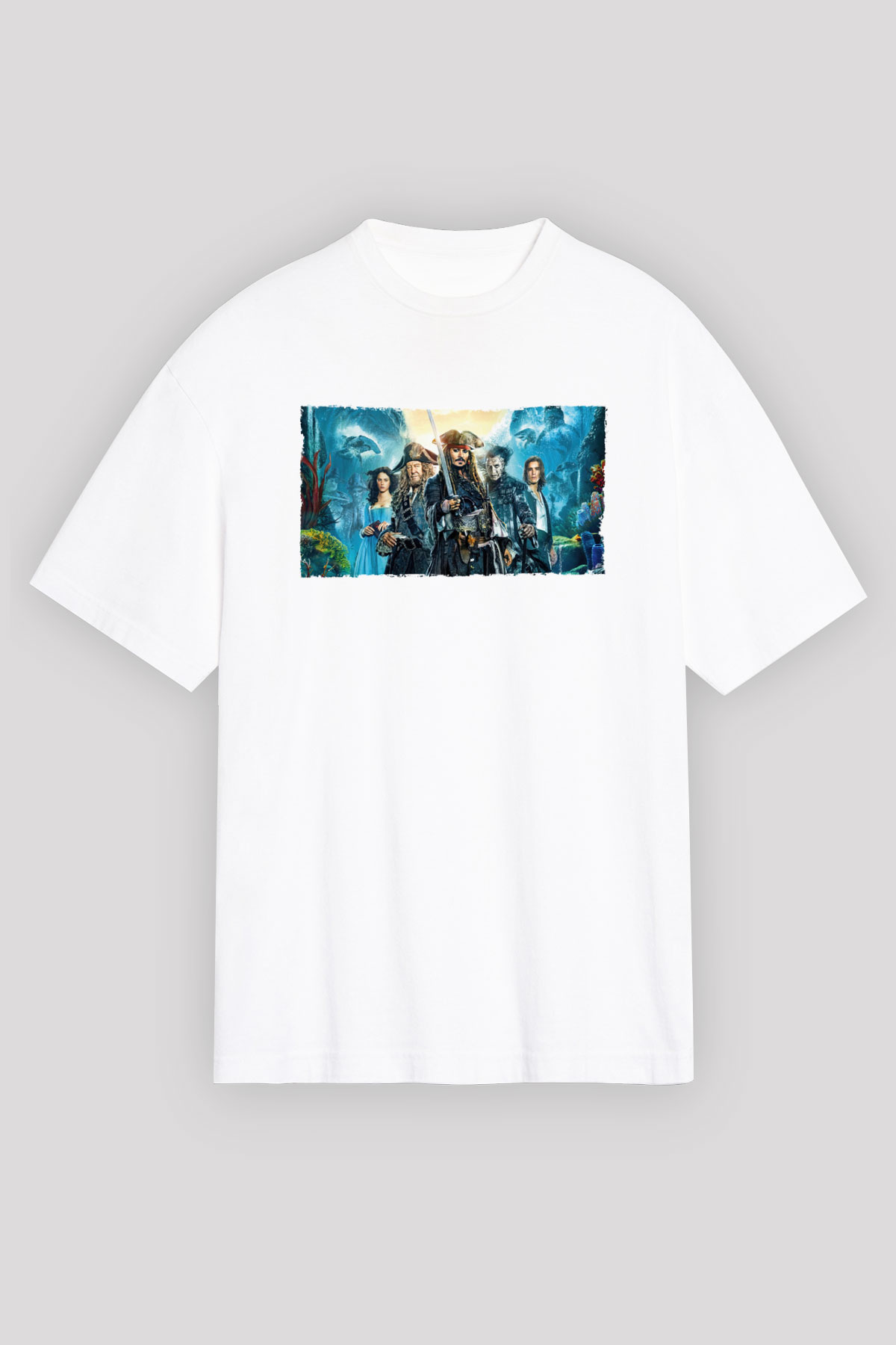 Unisex Karayip Korsanları (Pirates of the Caribbean) Baskılı Beyaz Oversize Oversize T-shirt