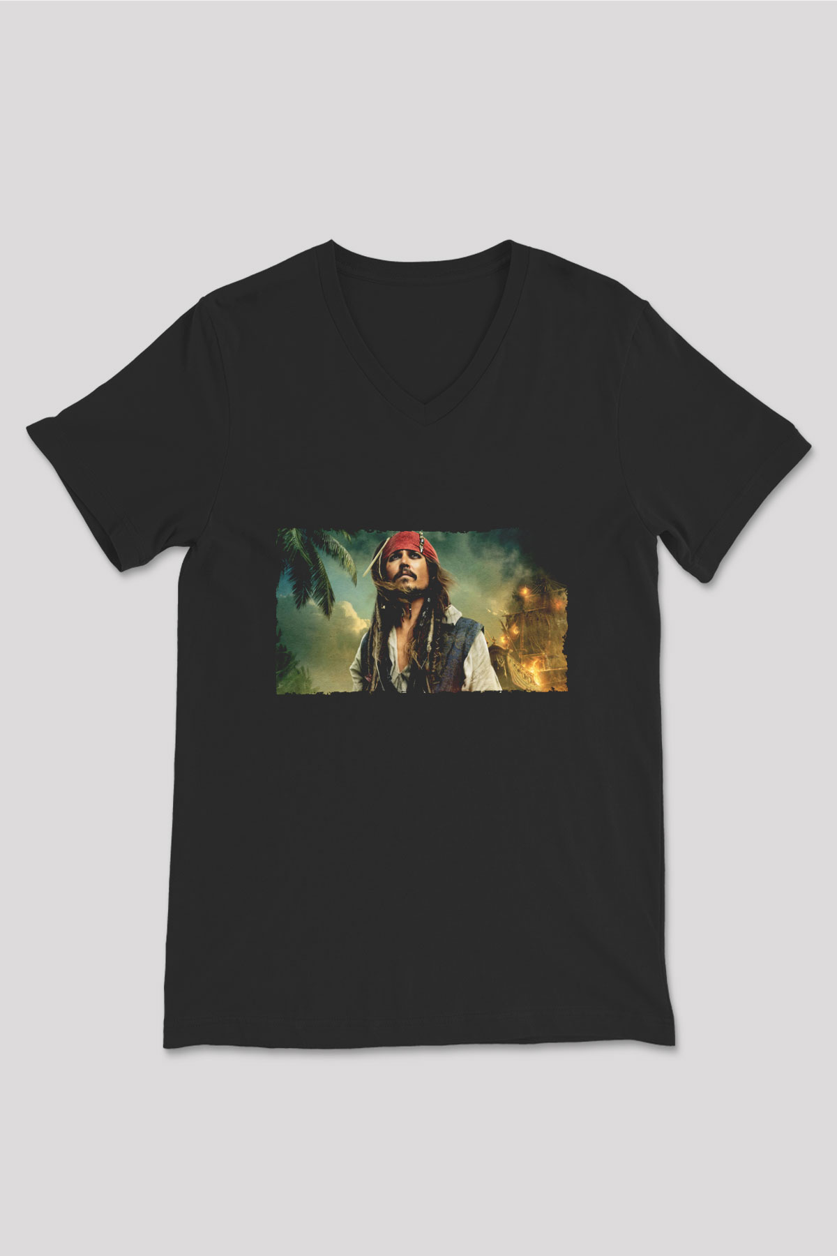 Unisex Karayip Korsanları (Pirates of the Caribbean) Siyah V Yaka Tshirt
