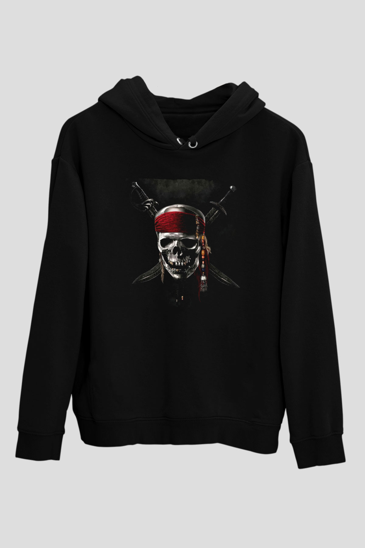 Unisex Karayip Korsanları (Pirates of the Caribbean) Baskılı Siyah Kapüşonlu Sweatshirt