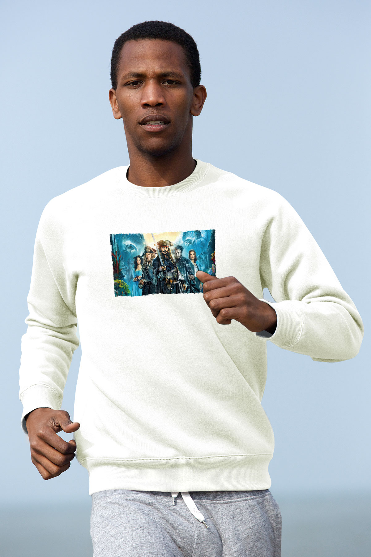 Unisex Karayip Korsanları (Pirates of the Caribbean) Baskılı Beyaz Sweatshirt