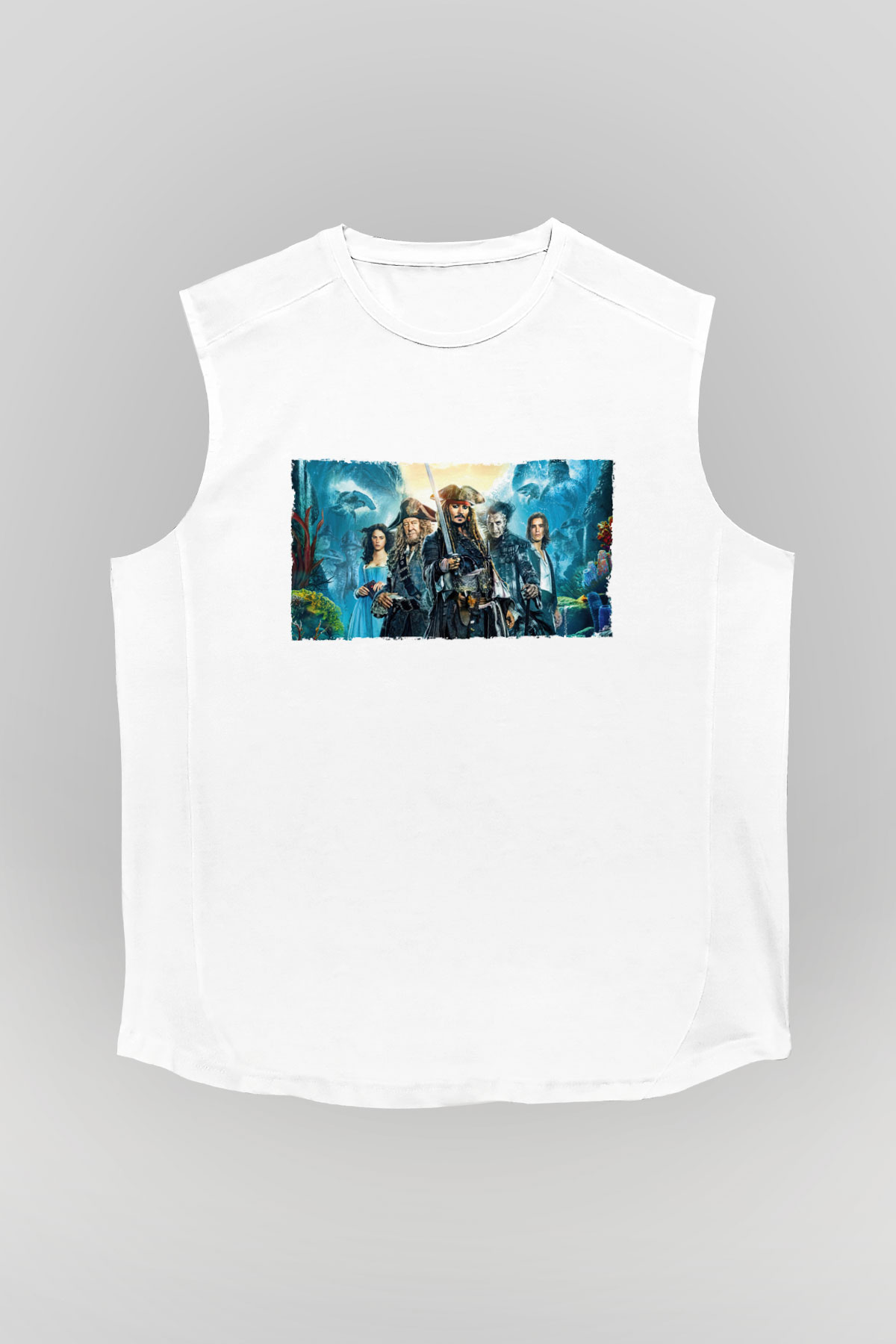 Unisex Karayip Korsanları (Pirates of the Caribbean) Baskılı Beyaz Kolsuz Tshirt