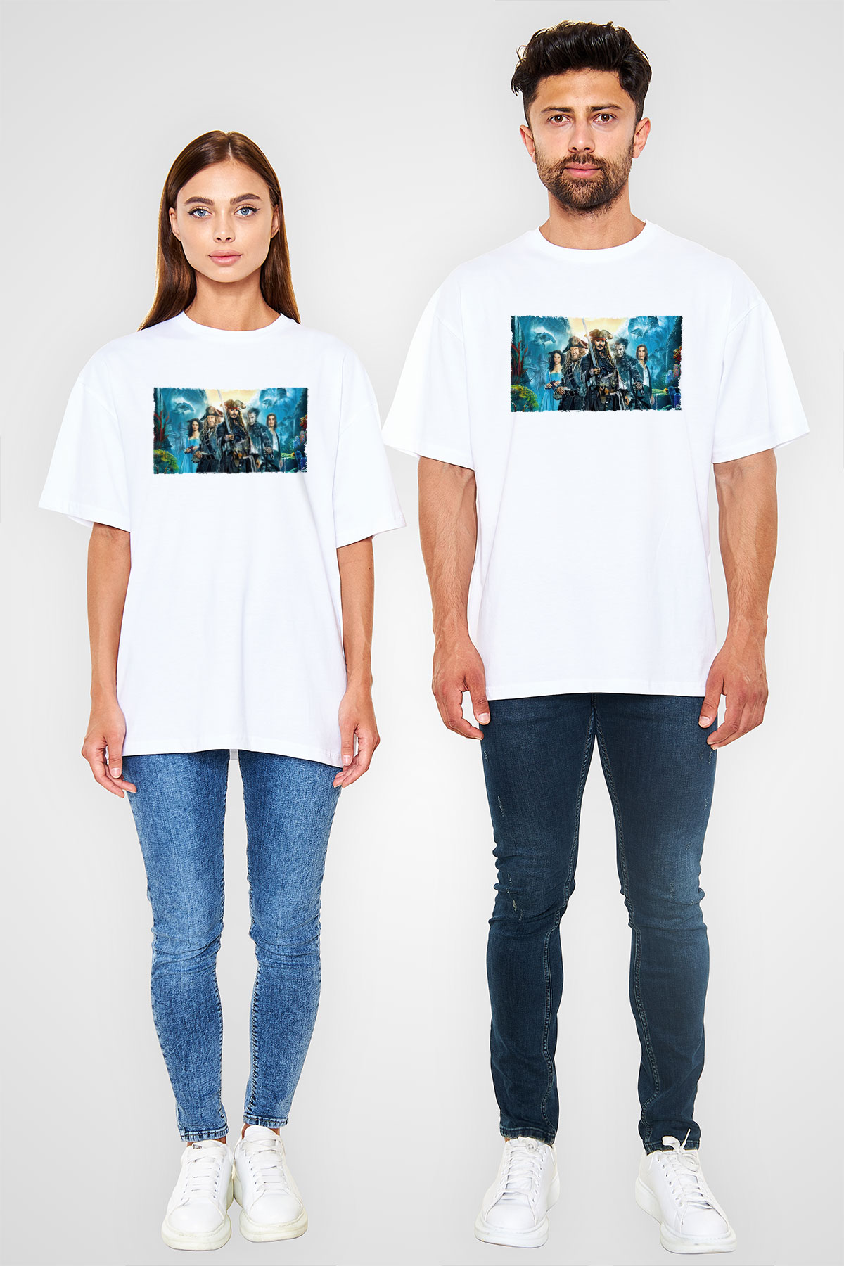 Unisex Karayip Korsanları (Pirates of the Caribbean) Baskılı Beyaz Oversize Oversize T-shirt