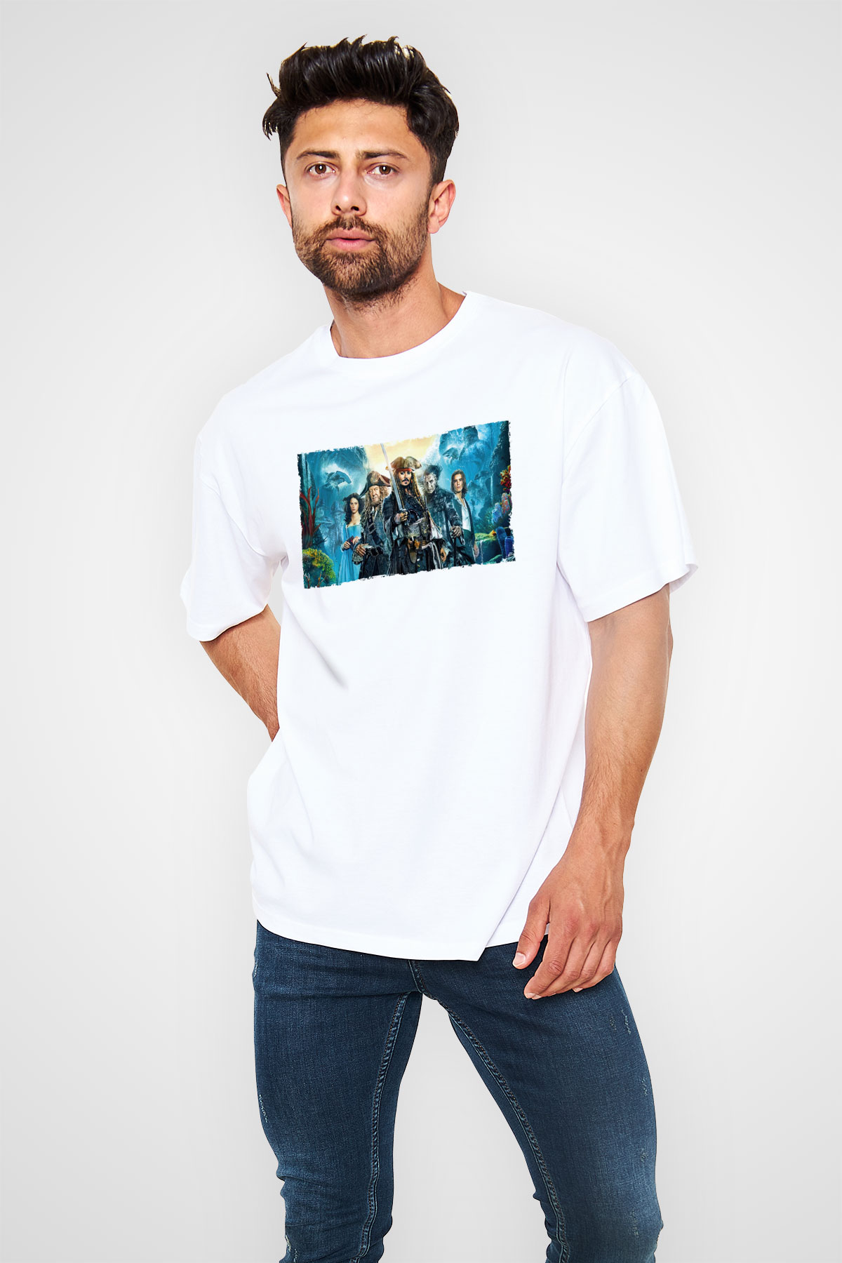 Unisex Karayip Korsanları (Pirates of the Caribbean) Baskılı Beyaz Oversize Oversize T-shirt