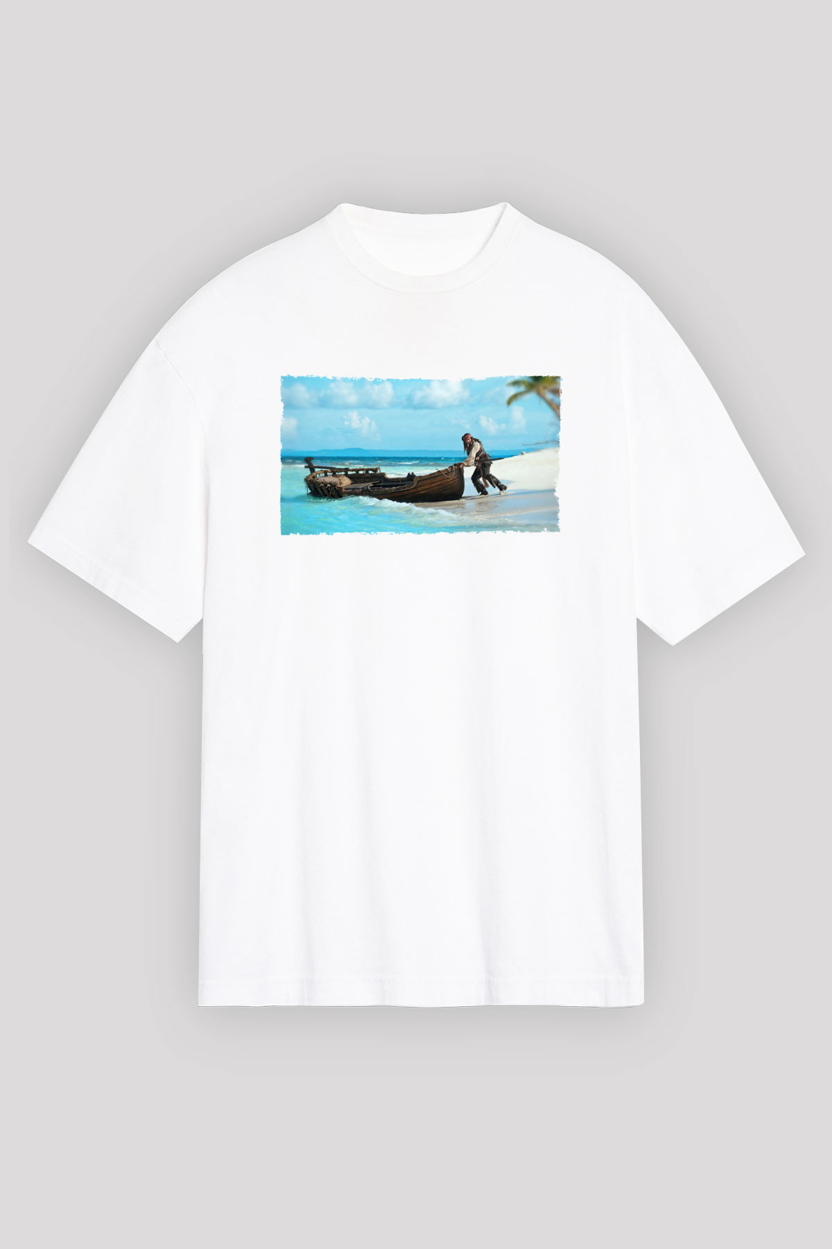 Unisex Karayip Korsanları (Pirates of the Caribbean) Baskılı Beyaz Oversize Tişört