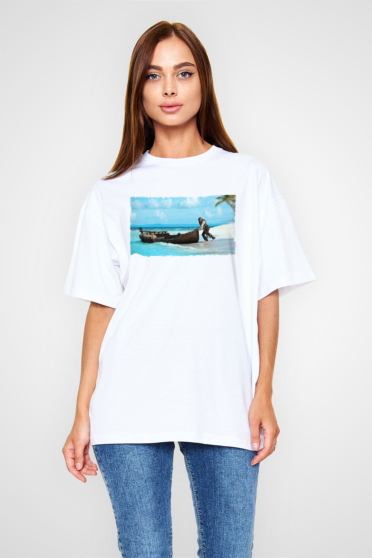 Unisex Karayip Korsanları (Pirates of the Caribbean) Baskılı Beyaz Oversize Tişört
