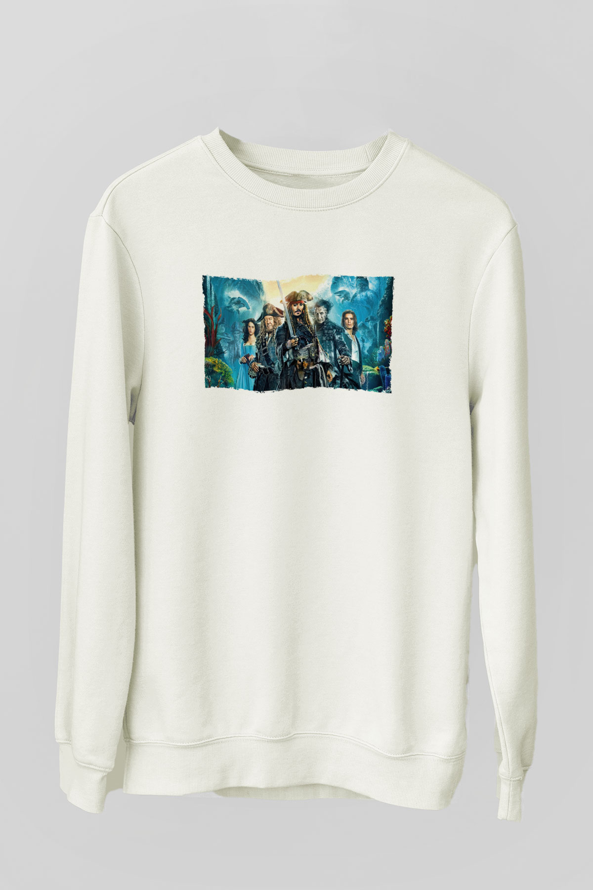 Unisex Karayip Korsanları (Pirates of the Caribbean) Baskılı Beyaz Sweatshirt