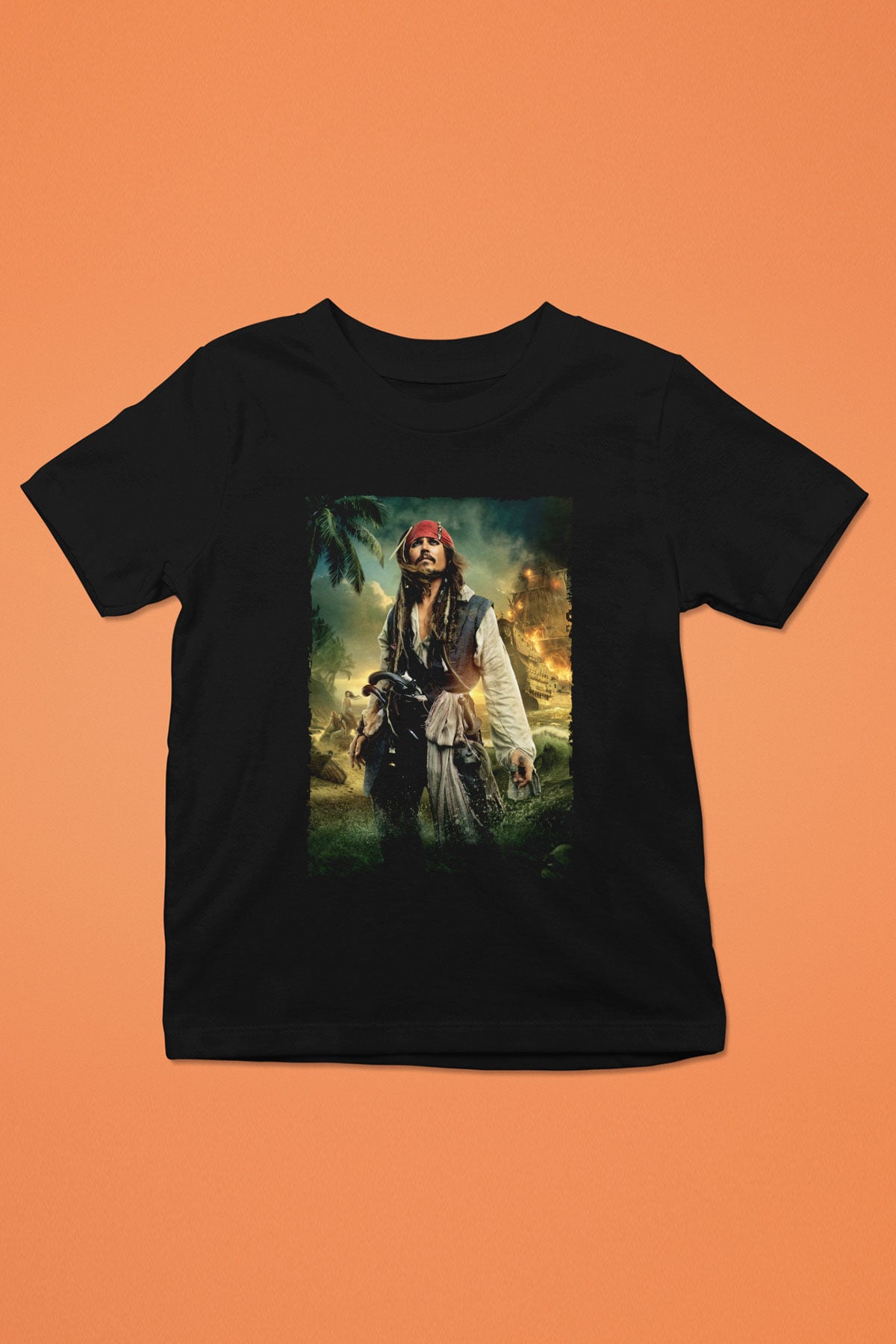 Unisex Karayip Korsanları (Pirates of the Caribbean) Baskılı Siyah Çocuk Unisex Tişört