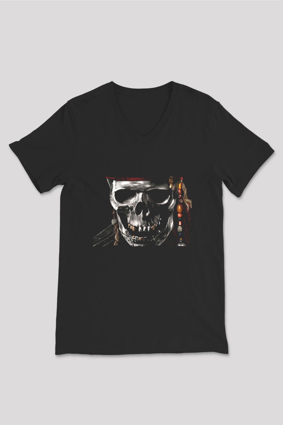 Unisex Karayip Korsanları (Pirates of the Caribbean) Baskılı Siyah V Yaka T-shirt