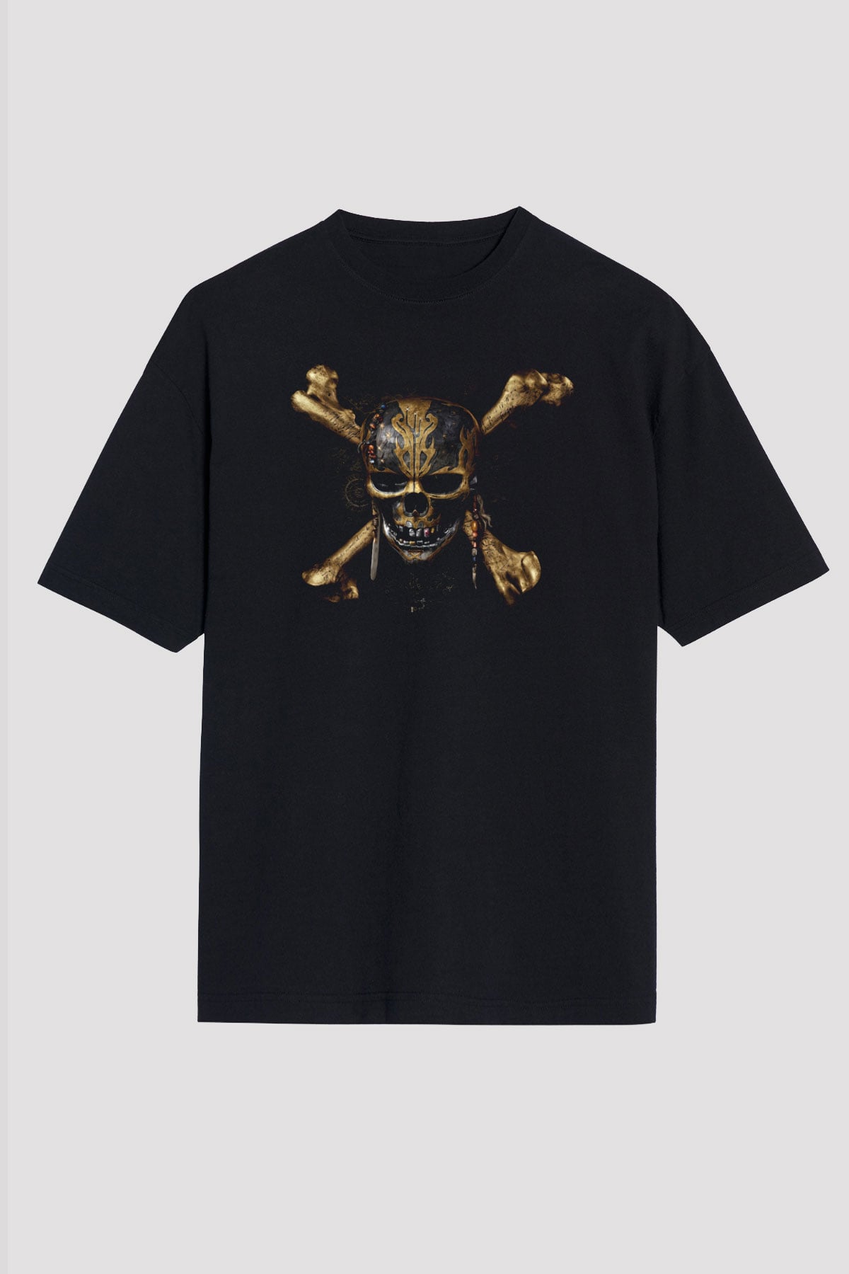 Unisex Karayip Korsanları (Pirates of the Caribbean) Baskılı Siyah Oversize Tişört