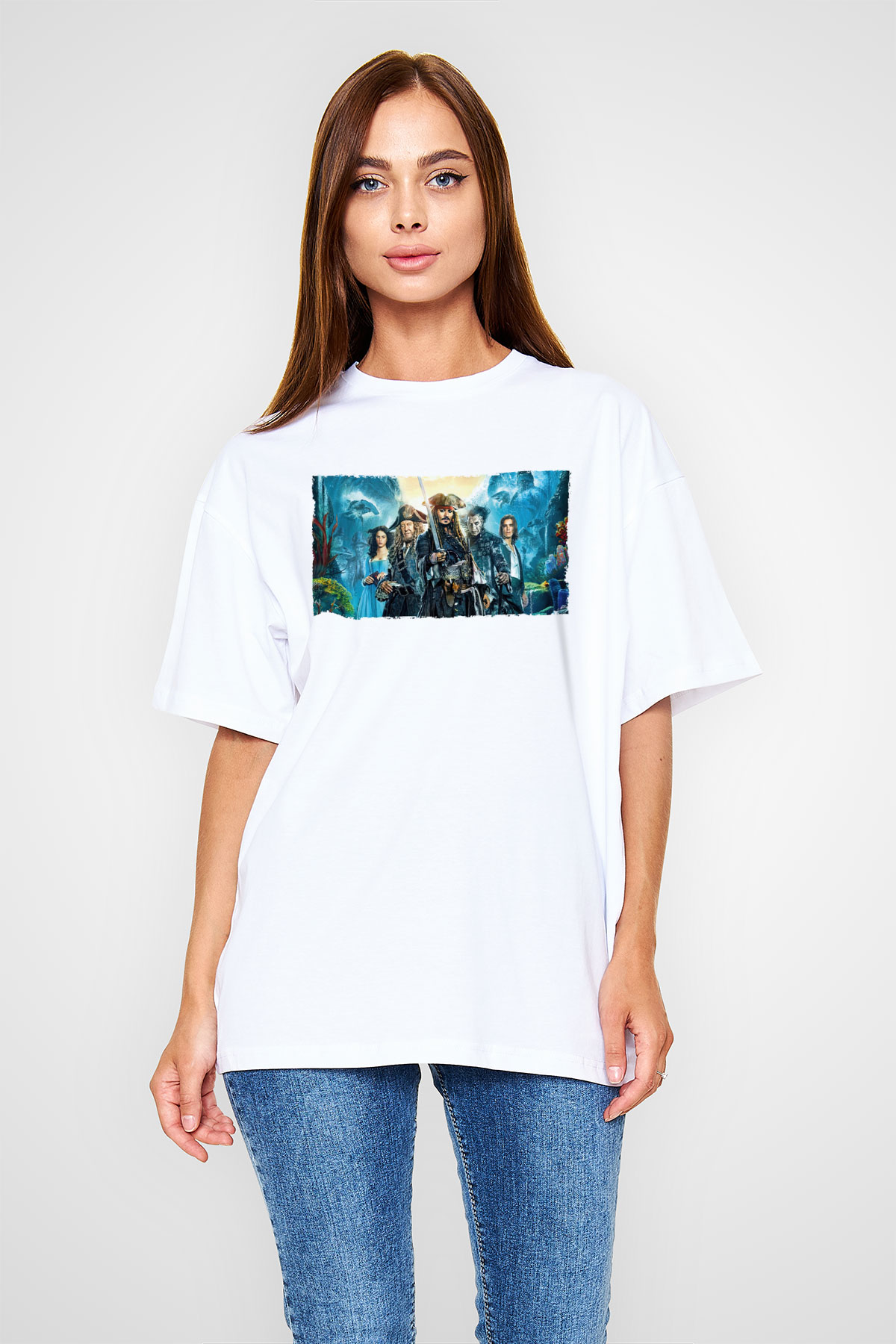 Unisex Karayip Korsanları (Pirates of the Caribbean) Baskılı Beyaz Oversize Oversize T-shirt