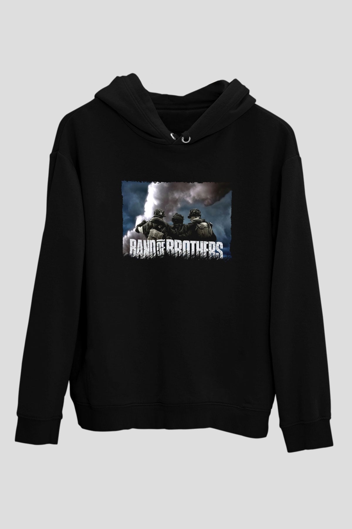 Unisex Kardeşler Takımı (Band of Brothers) Baskılı Siyah Kapüşonlu Sweatshirt