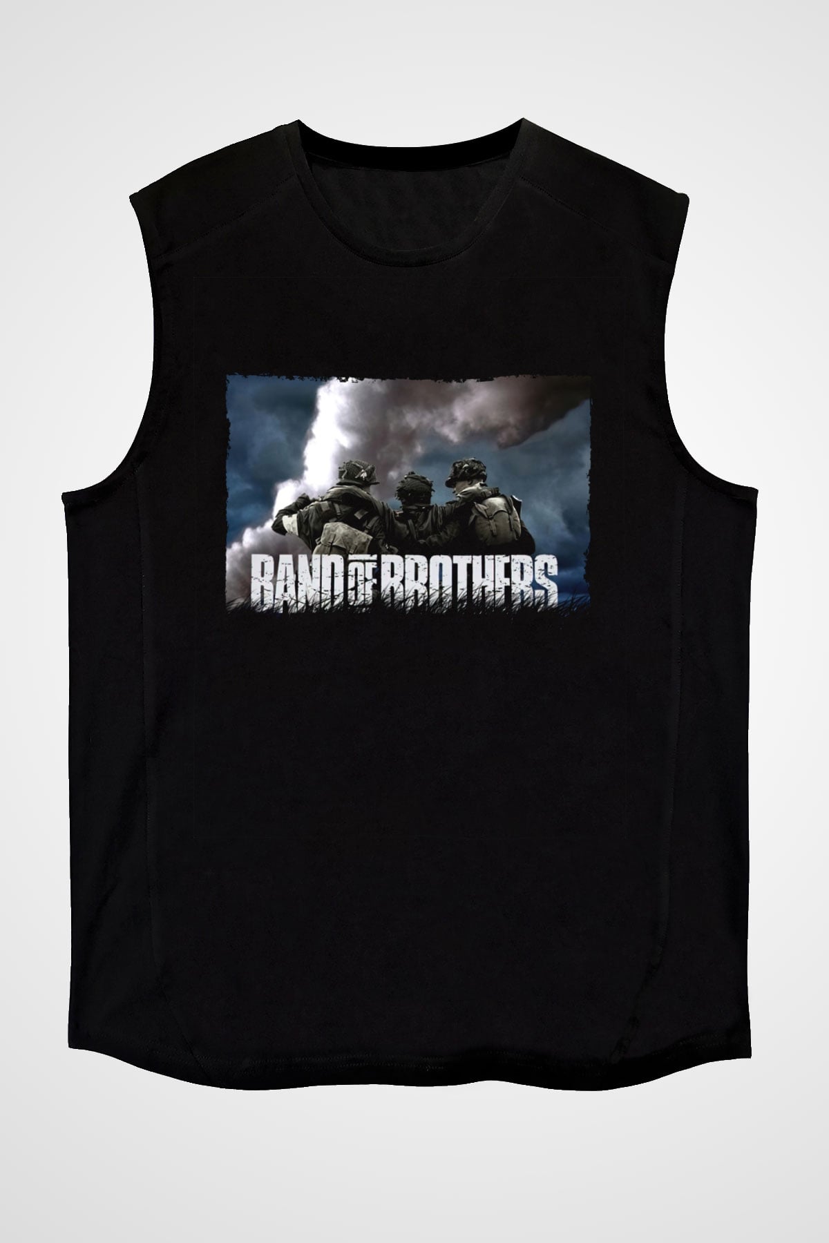 Unisex Kardeşler Takımı (Band of Brothers) Baskılı Siyah Kolsuz T-shirt