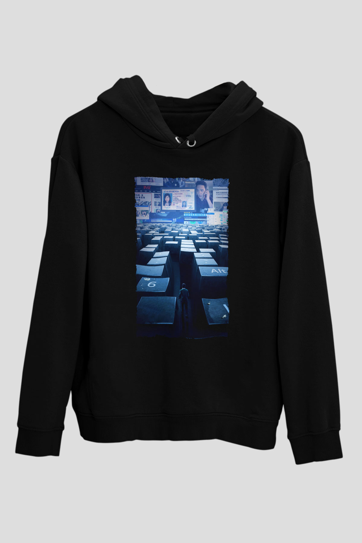 Unisex Kayıp Aranıyor (Searching) Baskılı Siyah Kapüşonlu Sweatshirt
