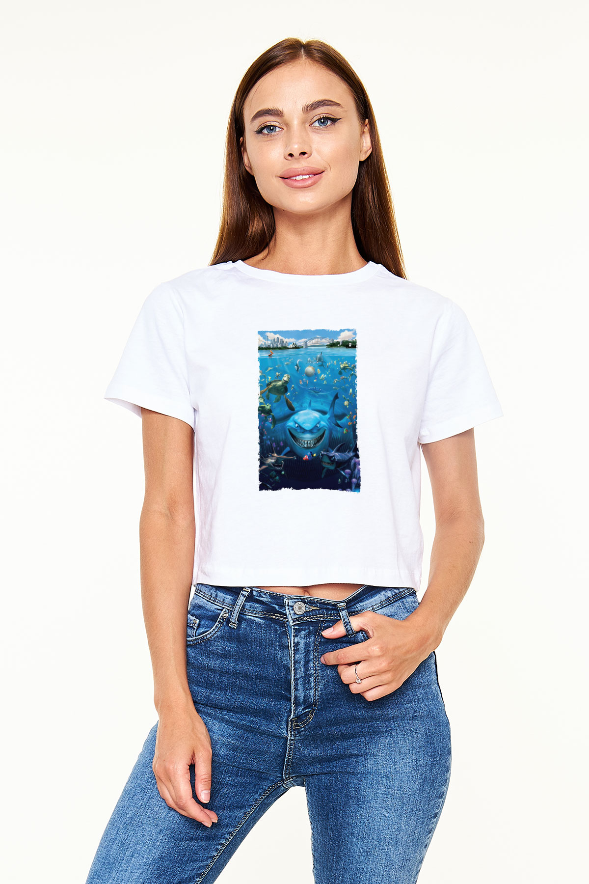 Unisex Kayıp Balık Nemo (Finding Nemo) Baskılı Beyaz Crop Top Tshirt