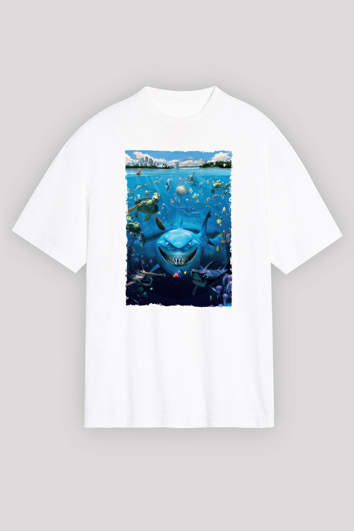Unisex Kayıp Balık Nemo (Finding Nemo) Baskılı Beyaz Oversize Oversize T-shirt