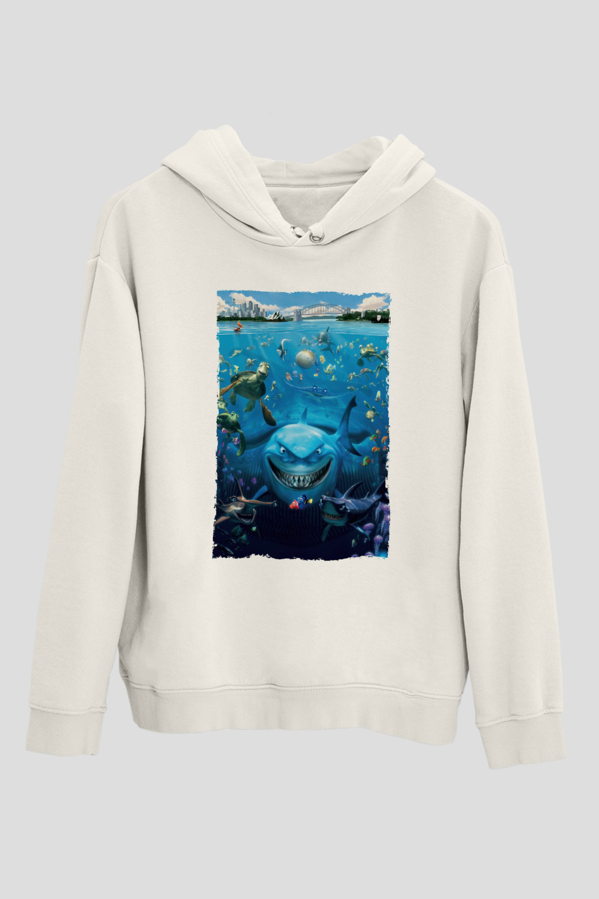 Unisex Kayıp Balık Nemo (Finding Nemo) Baskılı Beyaz Kapüşonlu Sweatshirt