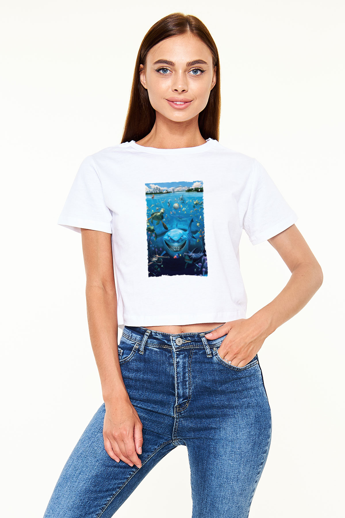 Unisex Kayıp Balık Nemo (Finding Nemo) Baskılı Beyaz Crop Top Tshirt