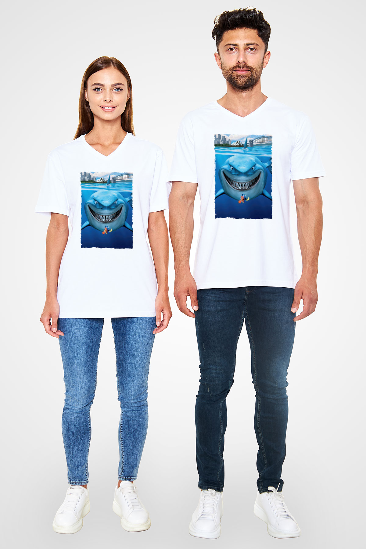 Unisex Kayıp Balık Nemo (Finding Nemo) Baskılı Beyaz V Yaka T-shirt