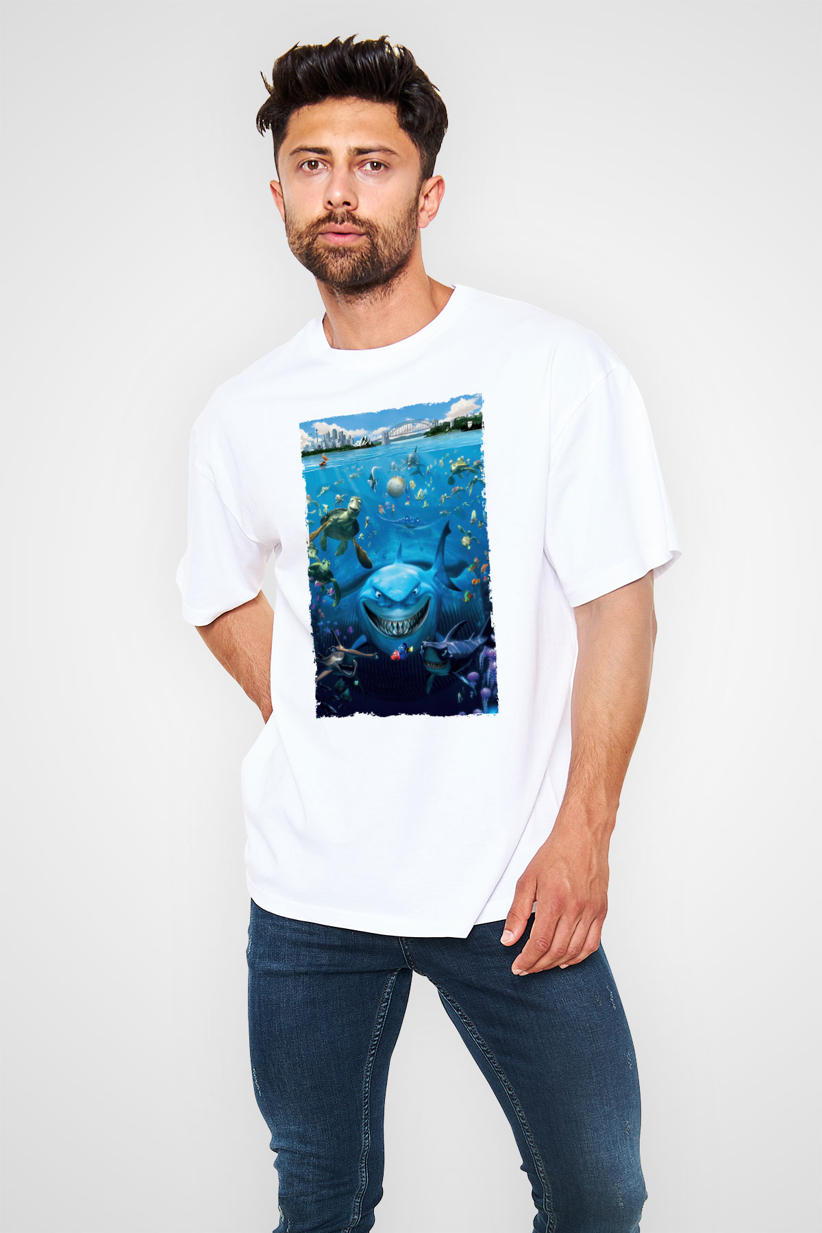 Unisex Kayıp Balık Nemo (Finding Nemo) Baskılı Beyaz Oversize Oversize T-shirt