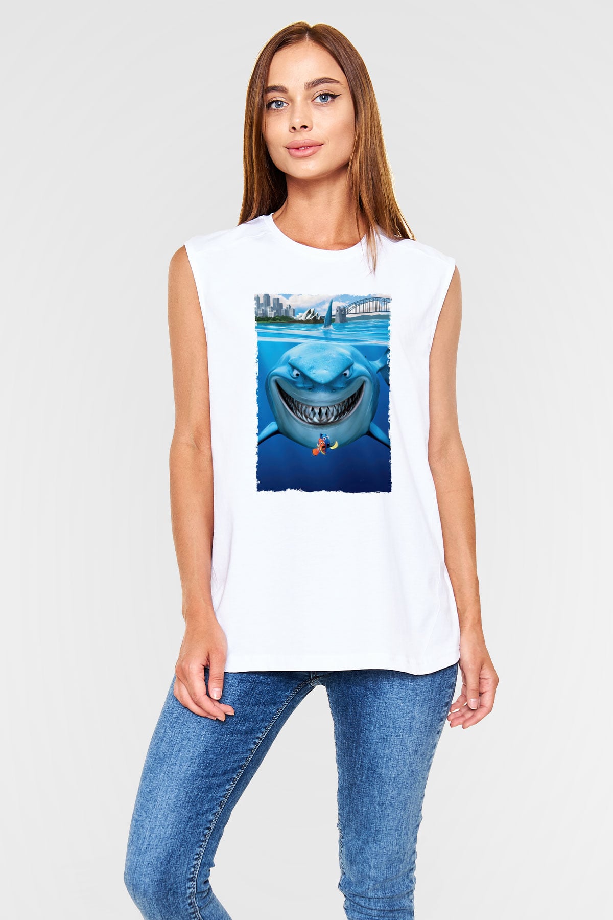Unisex Kayıp Balık Nemo (Finding Nemo) Baskılı Beyaz Kolsuz T-shirt