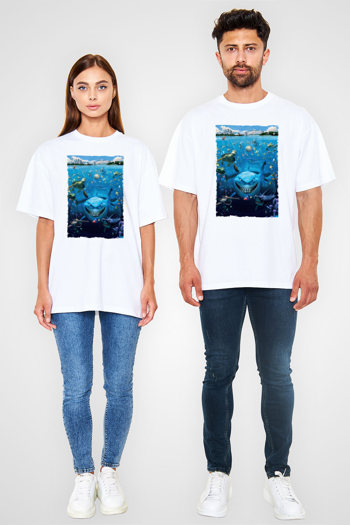 Unisex Kayıp Balık Nemo (Finding Nemo) Baskılı Beyaz Oversize Oversize T-shirt