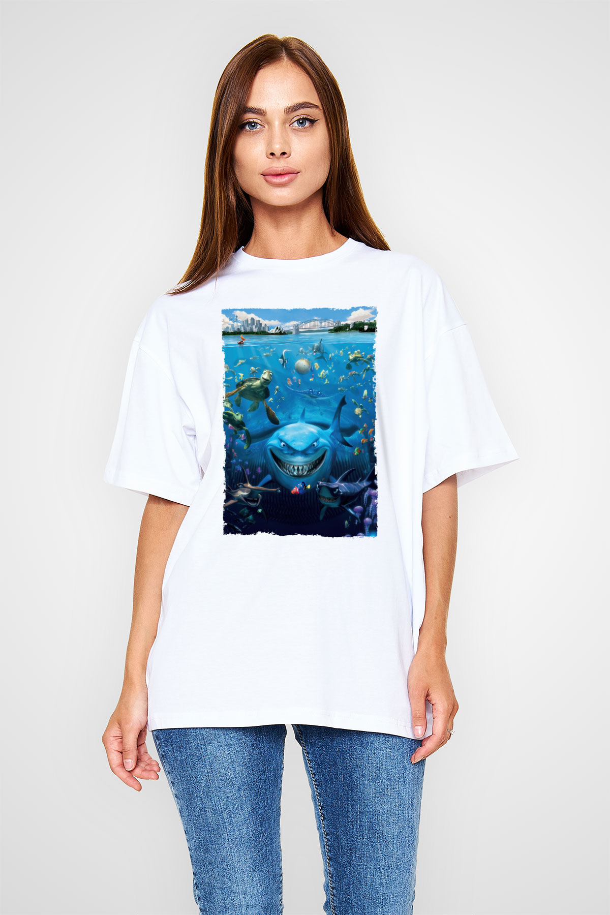 Unisex Kayıp Balık Nemo (Finding Nemo) Baskılı Beyaz Oversize Oversize T-shirt