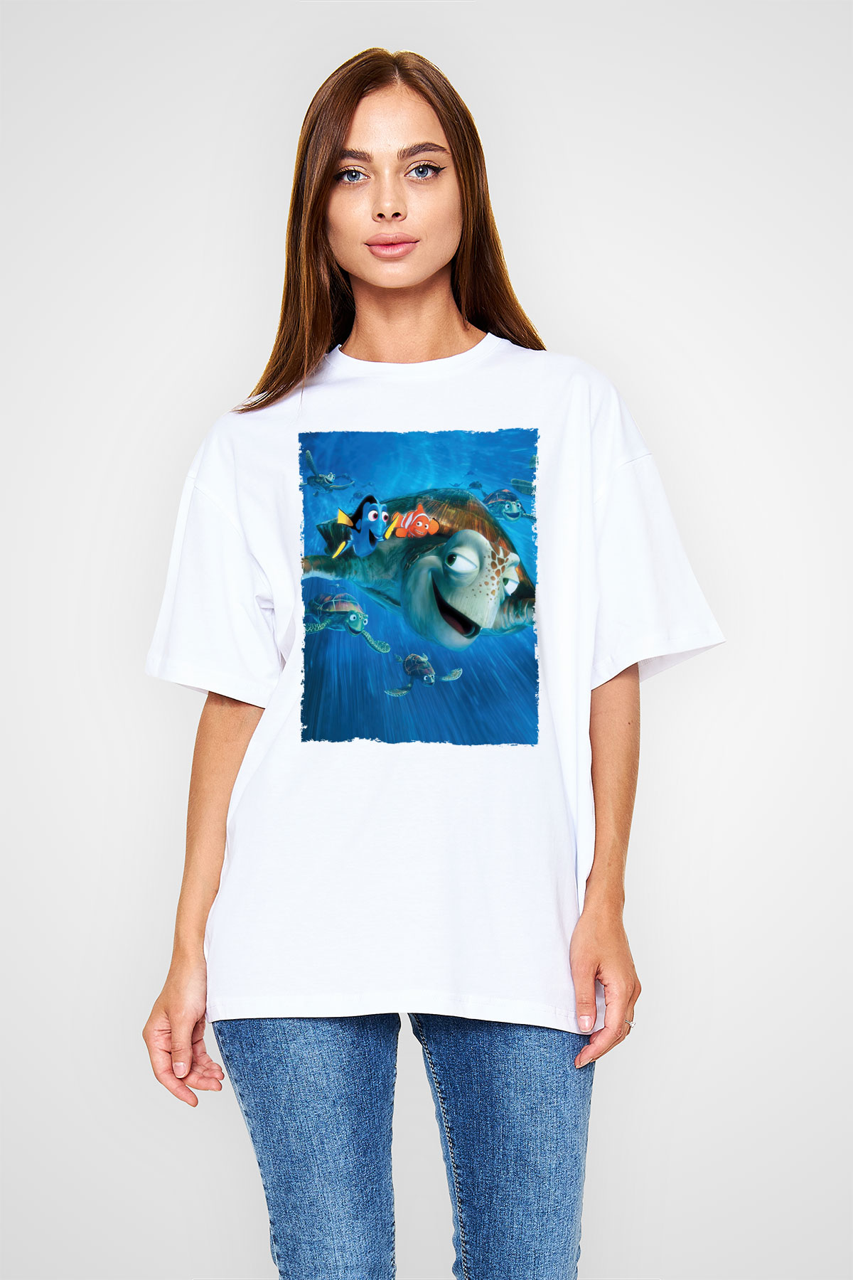 Oversize Kayıp Balık Nemo (Finding Nemo) Baskılı Beyaz T shirt