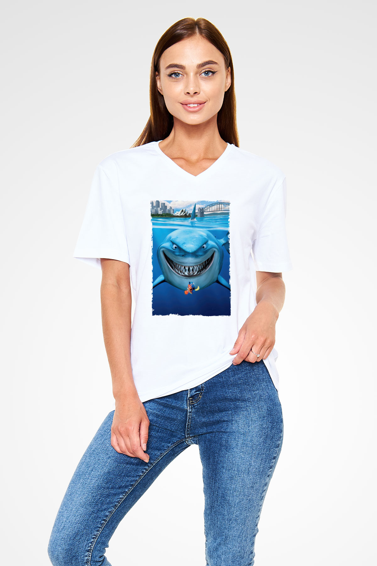 Unisex Kayıp Balık Nemo (Finding Nemo) Baskılı Beyaz V Yaka T-shirt