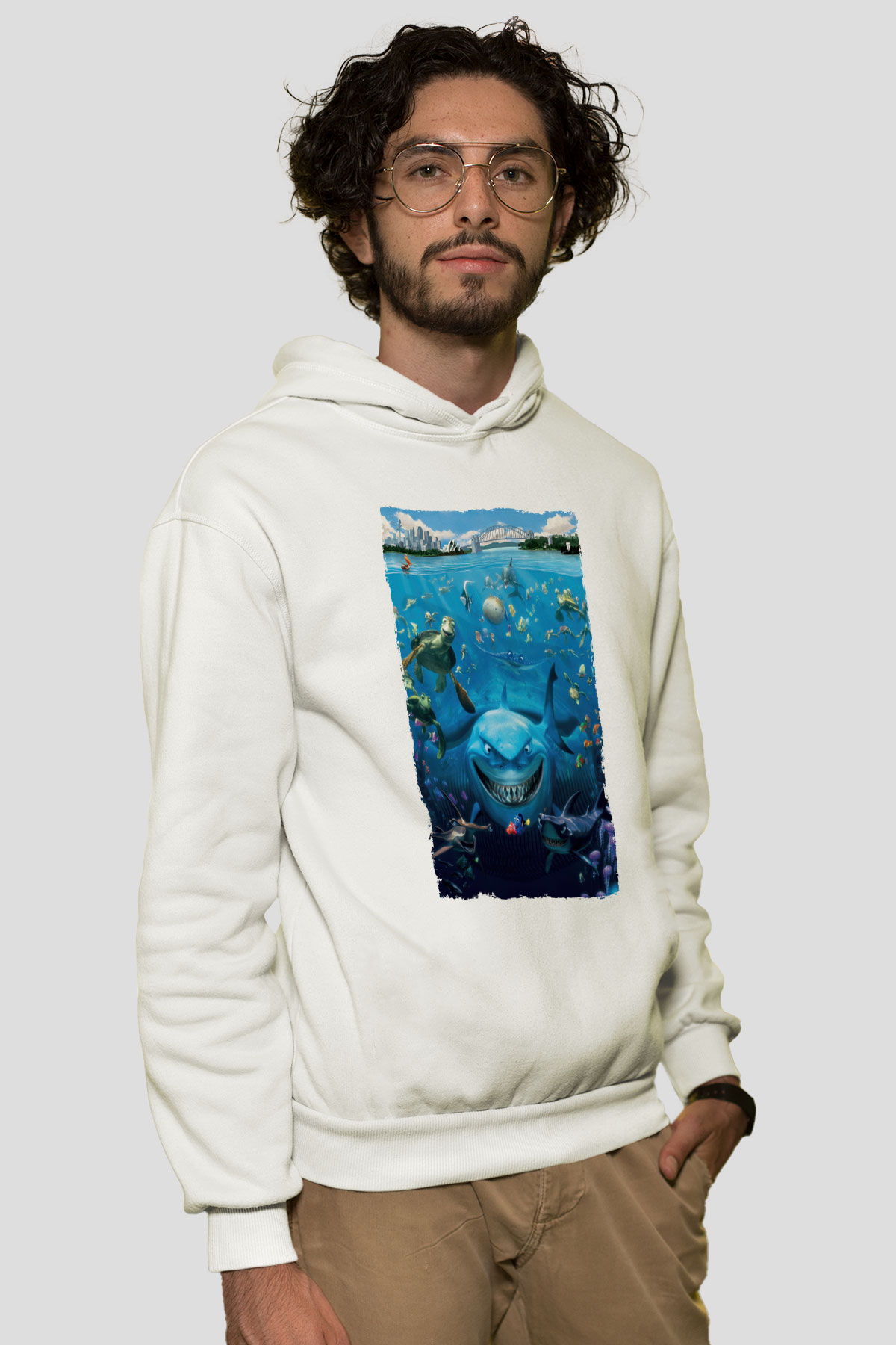 Unisex Kayıp Balık Nemo (Finding Nemo) Baskılı Beyaz Kapüşonlu Sweatshirt