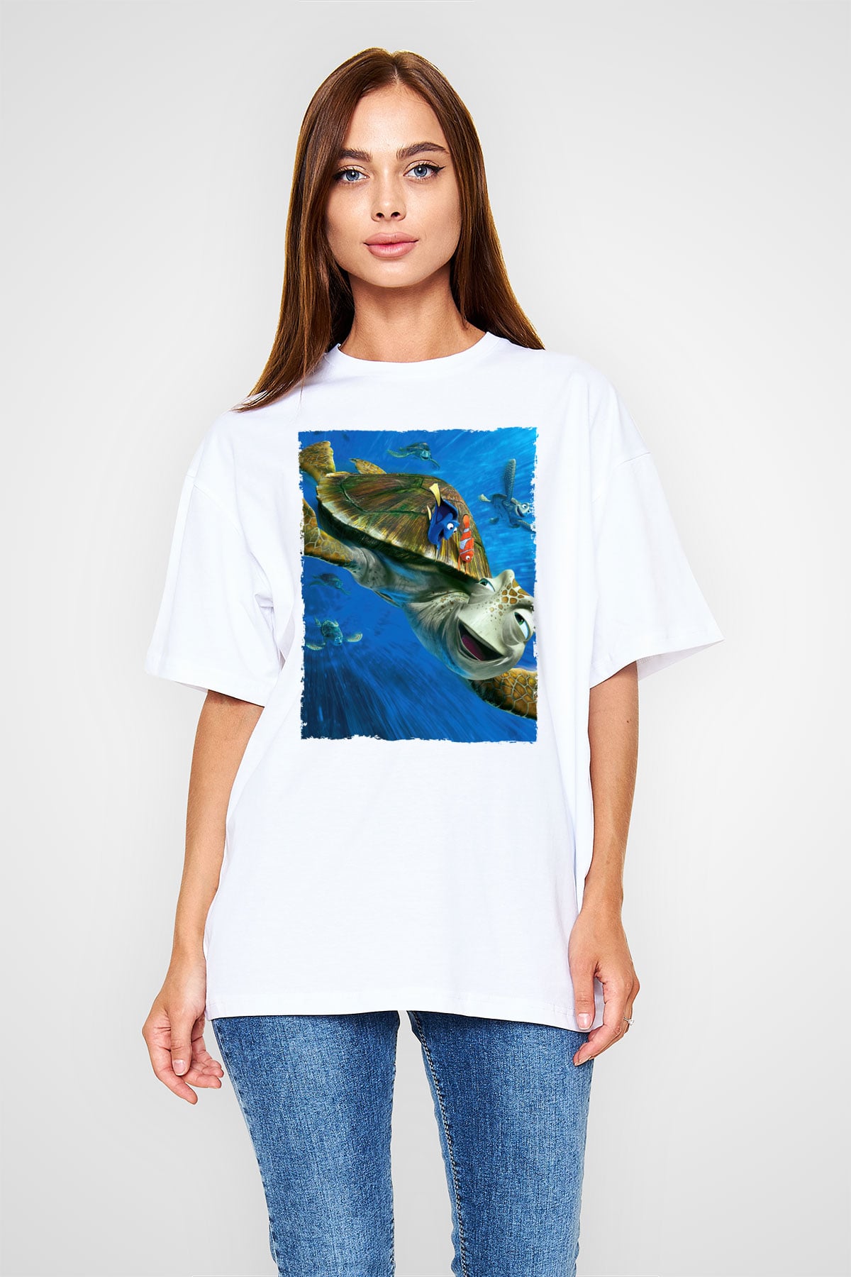 Unisex Kayıp Balık Nemo (Finding Nemo) Baskılı Beyaz Oversize Tişört