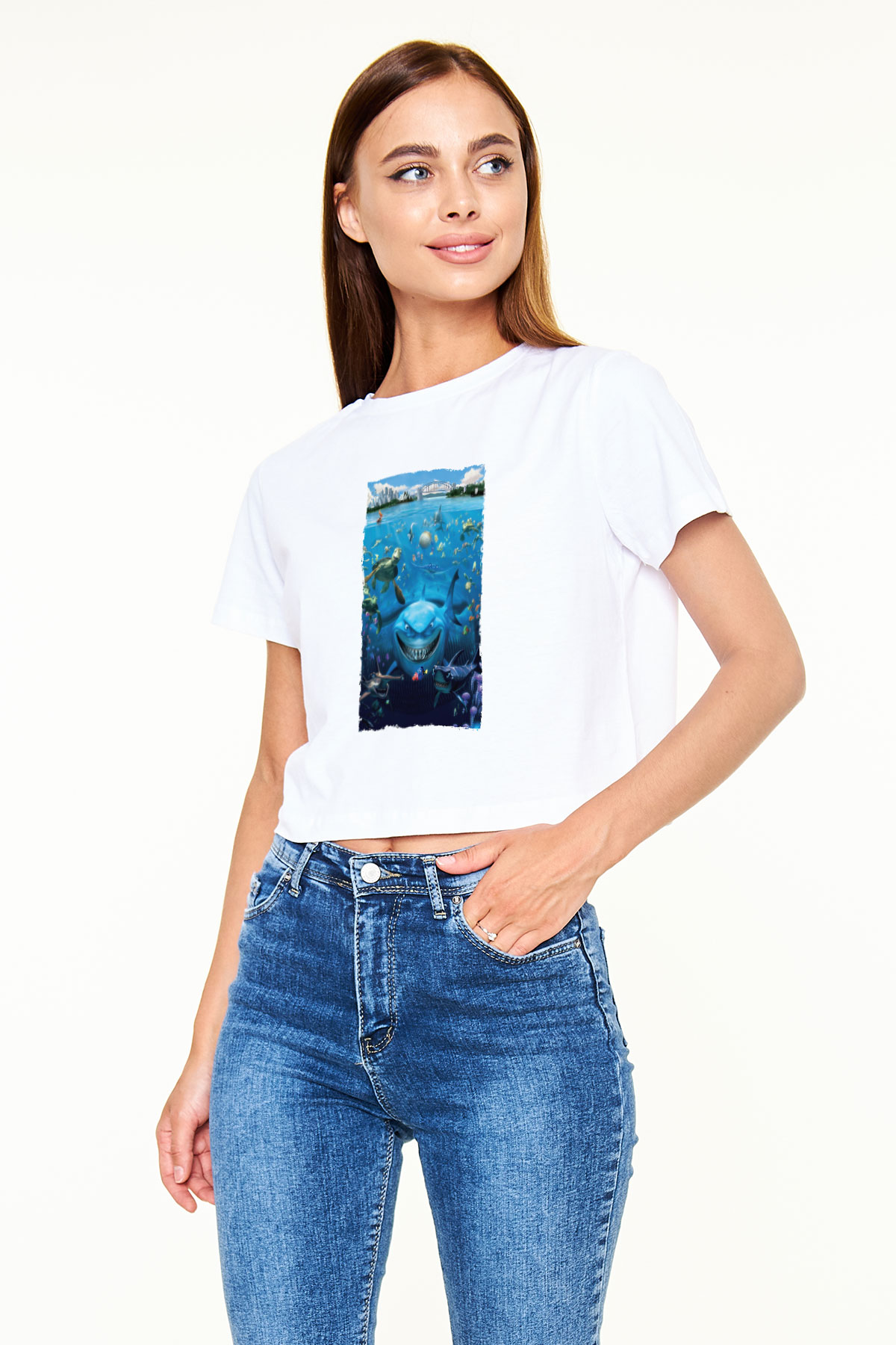 Unisex Kayıp Balık Nemo (Finding Nemo) Baskılı Beyaz Crop Top Tshirt
