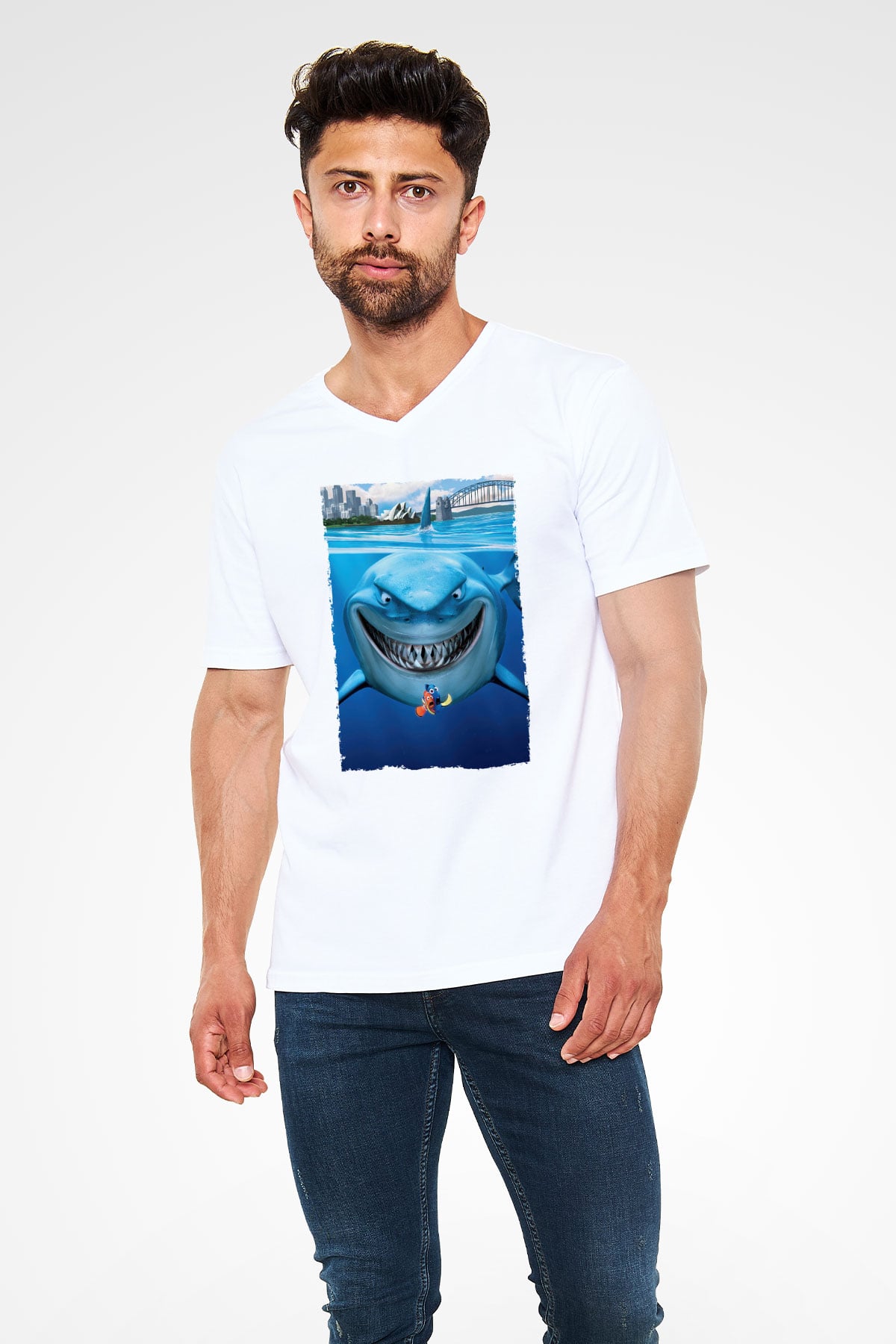 Unisex Kayıp Balık Nemo (Finding Nemo) Baskılı Beyaz V Yaka T-shirt