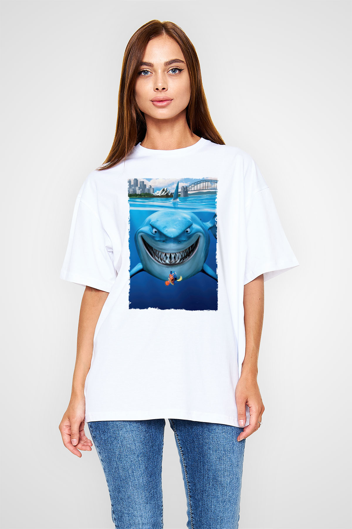 Unisex Kayıp Balık Nemo (Finding Nemo) Baskılı Beyaz Oversize T-shirt