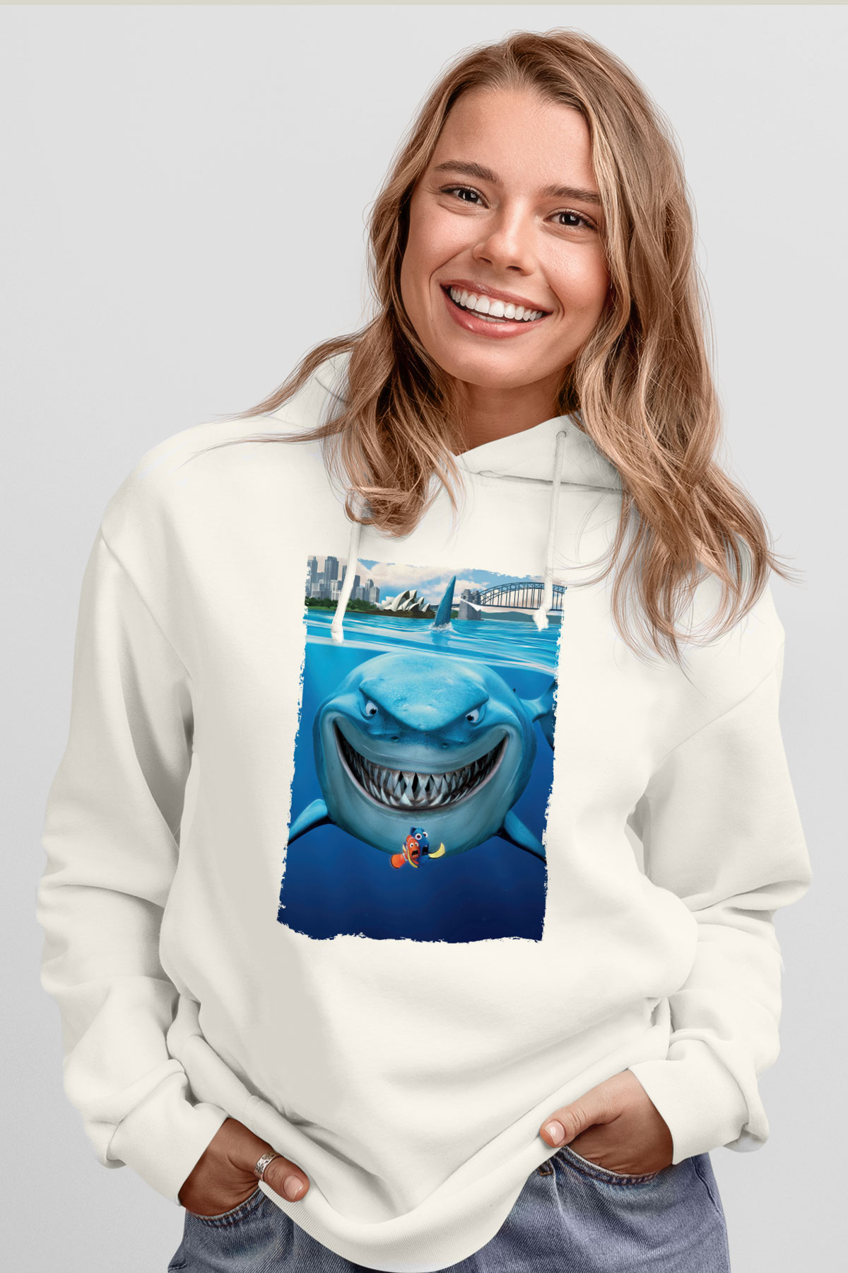 Unisex Kayıp Balık Nemo (Finding Nemo) Baskılı Beyaz Kapüşonlu Sweatshirt