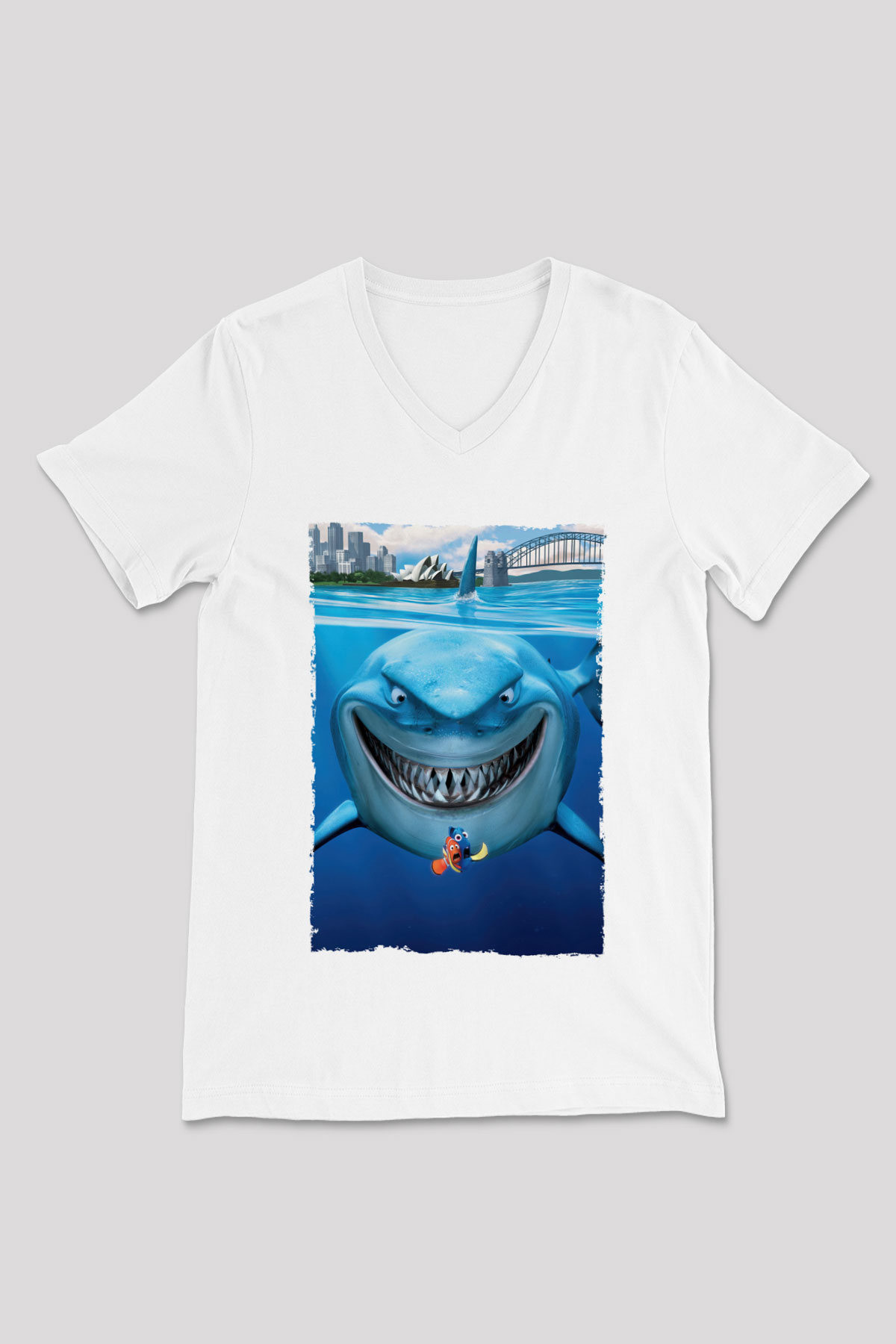 Unisex Kayıp Balık Nemo (Finding Nemo) Baskılı Beyaz V Yaka T-shirt