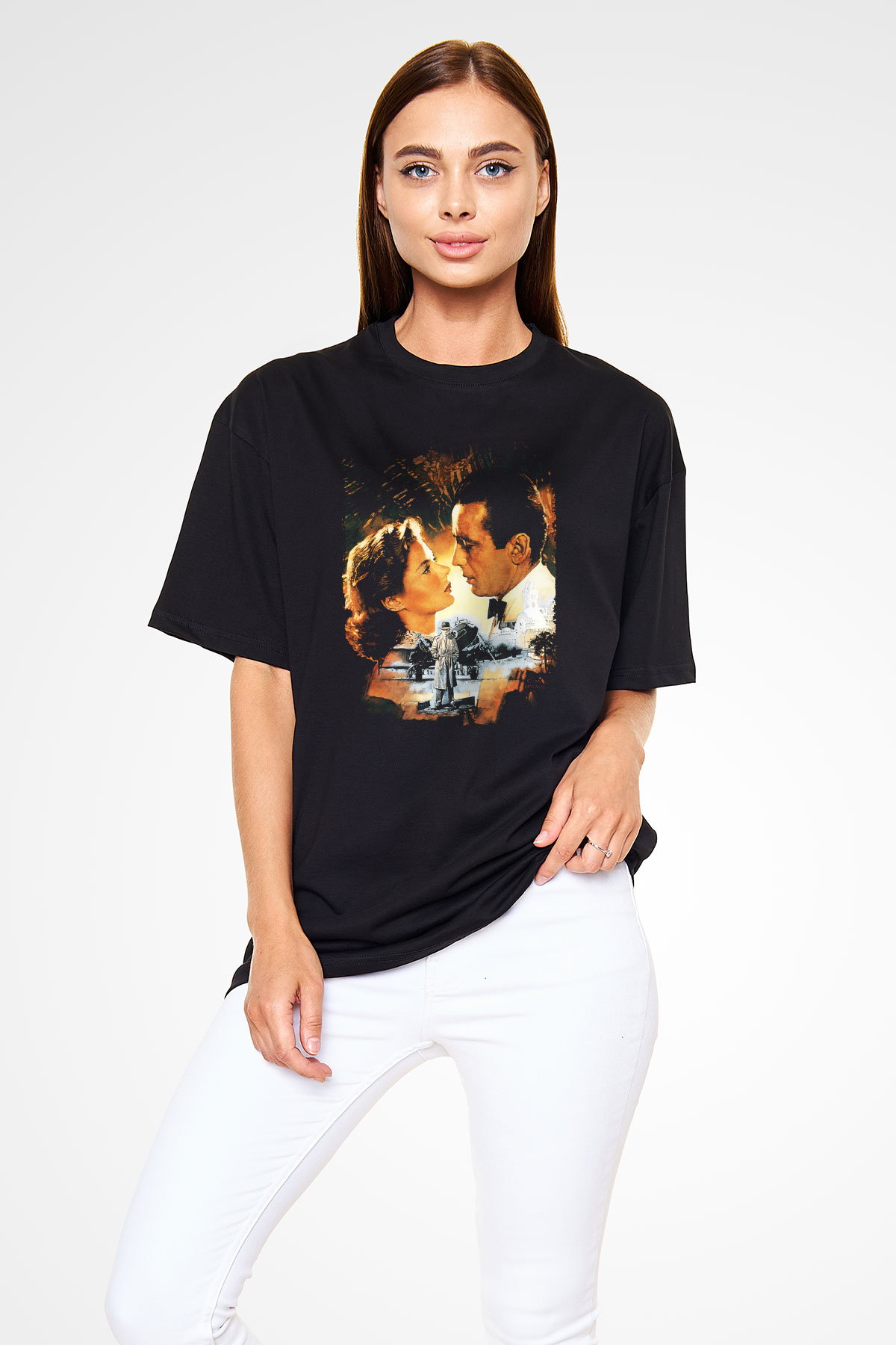 Unisex Kazablanka (Casablanca) Baskılı Siyah Oversize Tişört