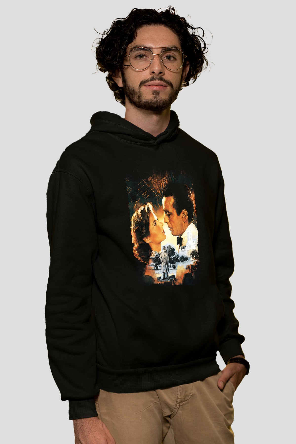 Unisex Kazablanka (Casablanca) Baskılı Siyah Kapüşonlu Sweatshirt