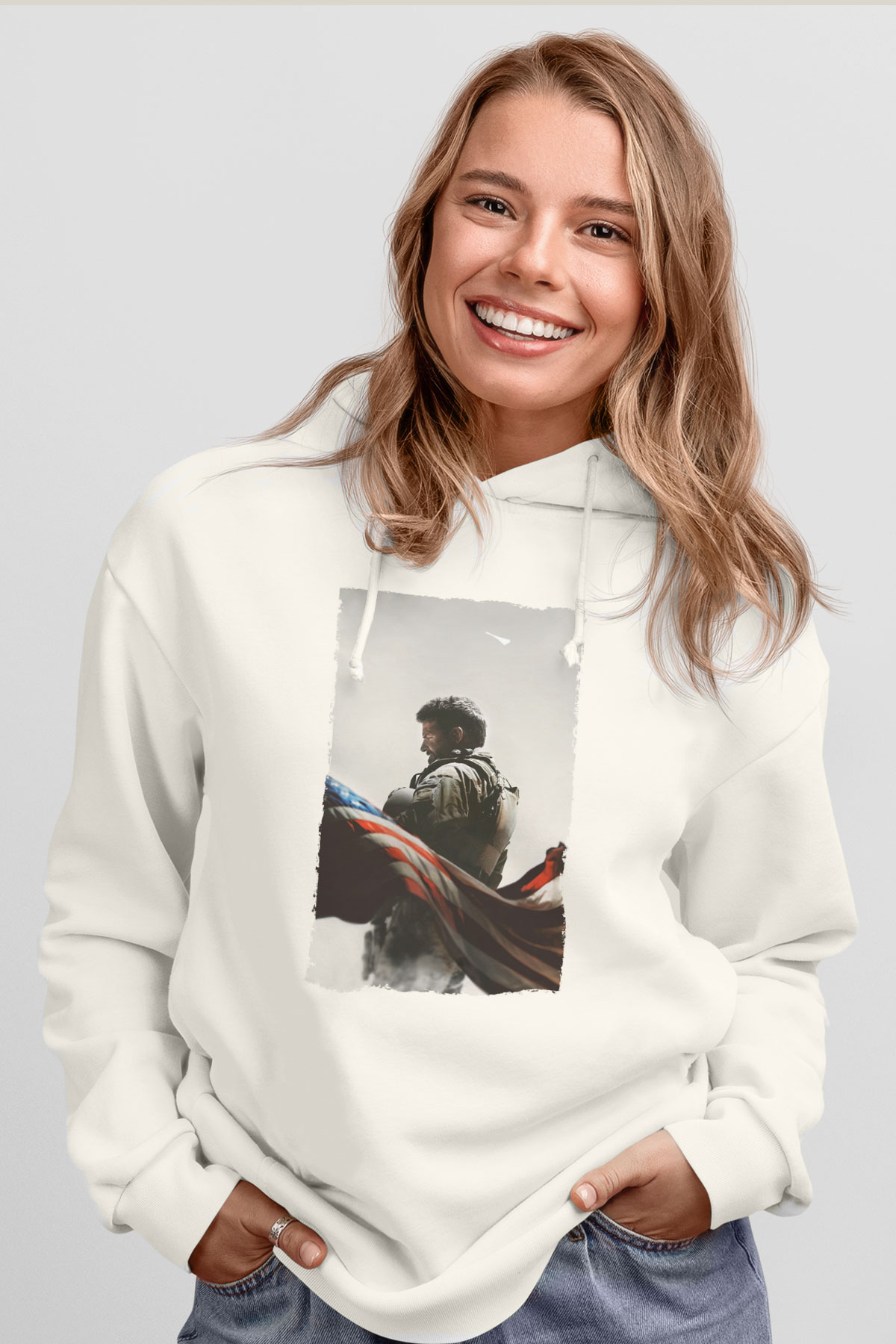 Unisex Keskin Nişancı - American Sniper Baskılı Beyaz Kapüşonlu Sweatshirt