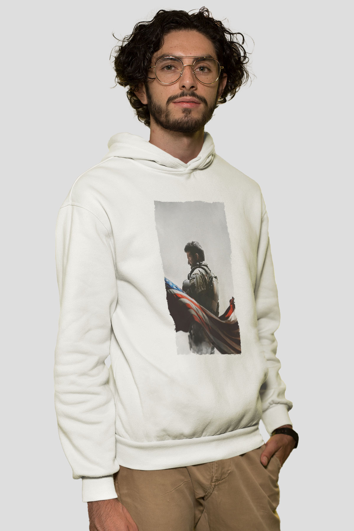 Unisex Keskin Nişancı - American Sniper Baskılı Beyaz Kapüşonlu Sweatshirt