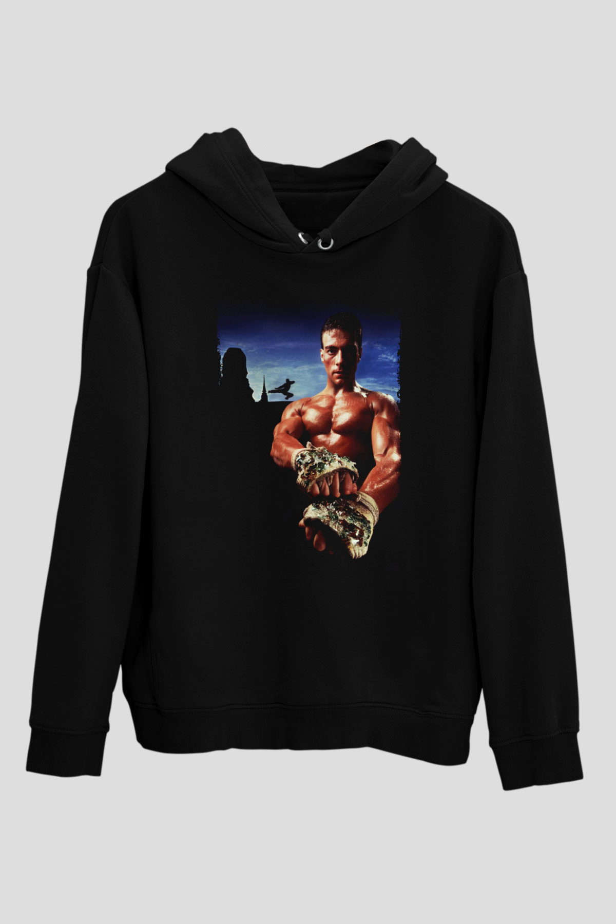 Unisex Kickboxer Baskılı Siyah Kapüşonlu Sweatshirt